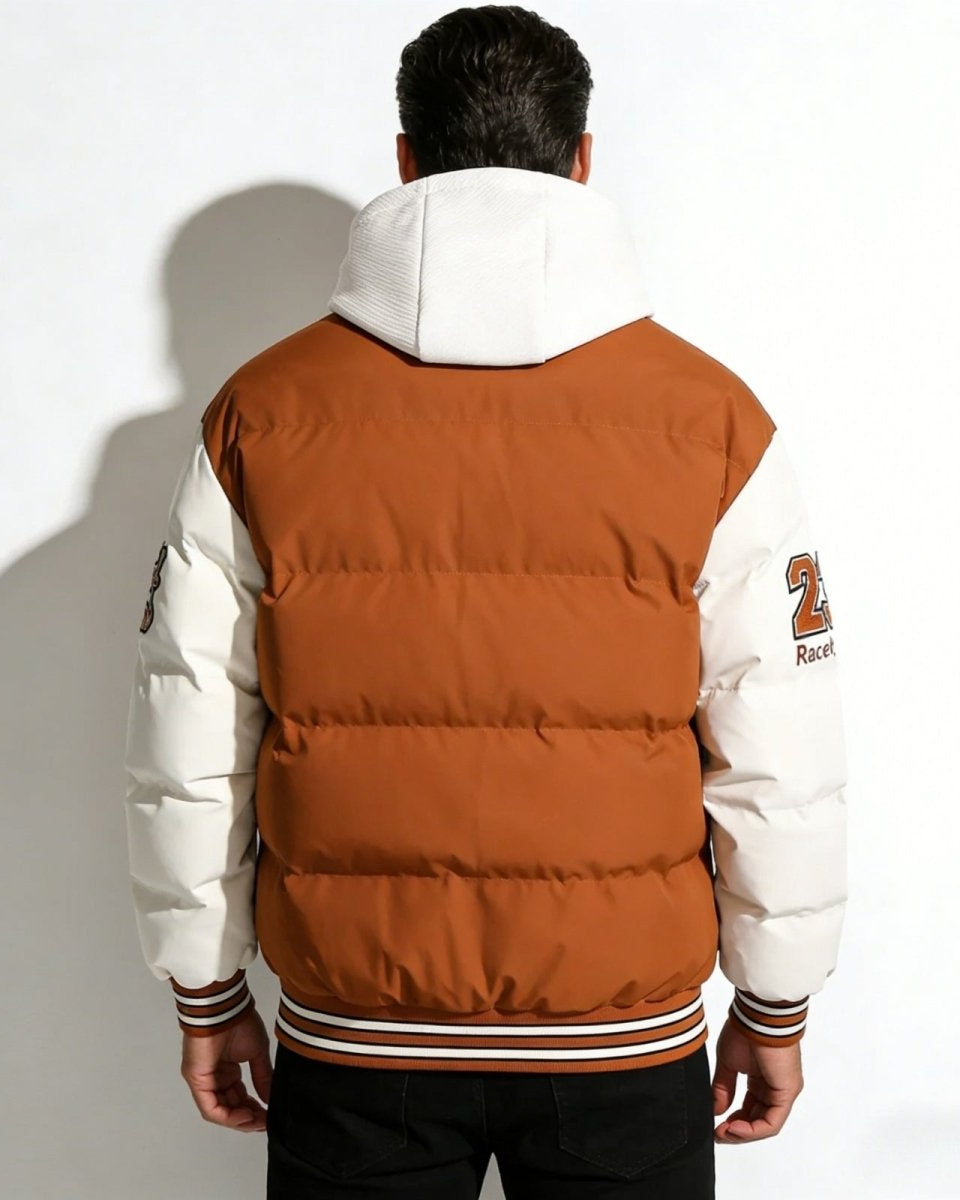 Back view of the men's varsity puffer jacket, showcasing the horizontal quilting on the brown body and the white hood.