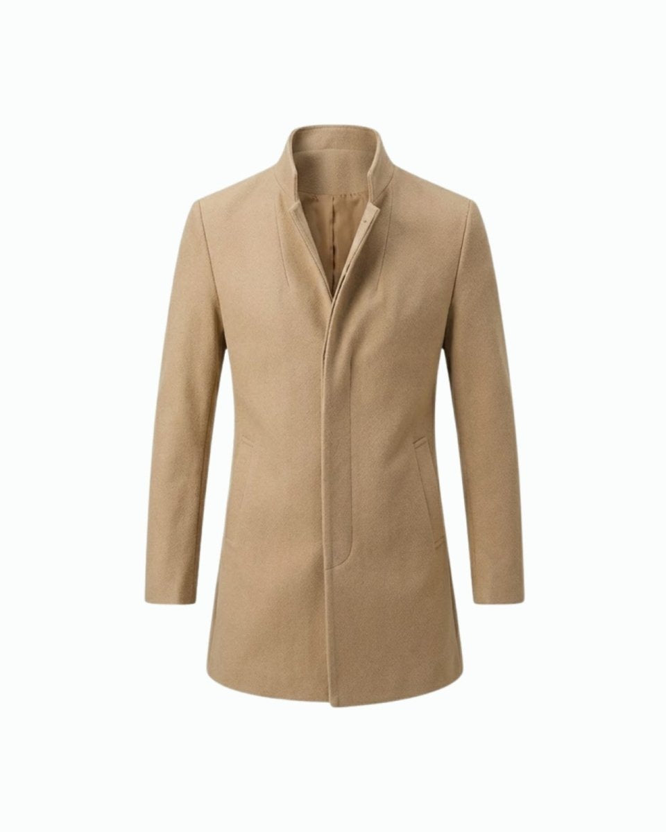 Front product shot of the men's khaki stand collar wool coat on a white background.