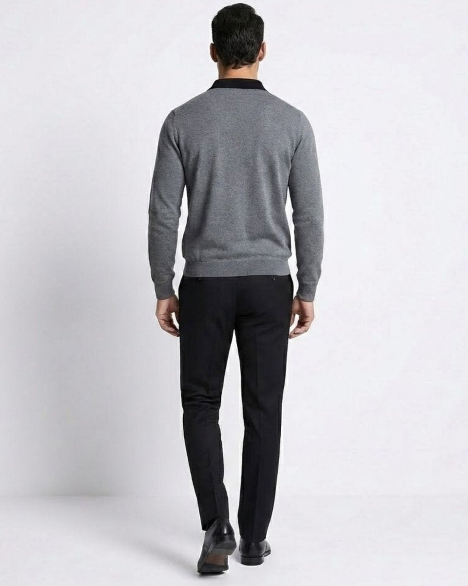 Back view of the men's heather dark grey merino wool polo sweater demonstrating the clean drape and fit.