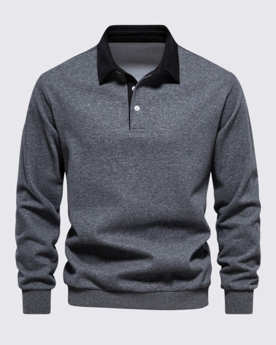 Front view of the men's heather dark grey merino wool polo sweater demonstrating the clean drape and fit.
