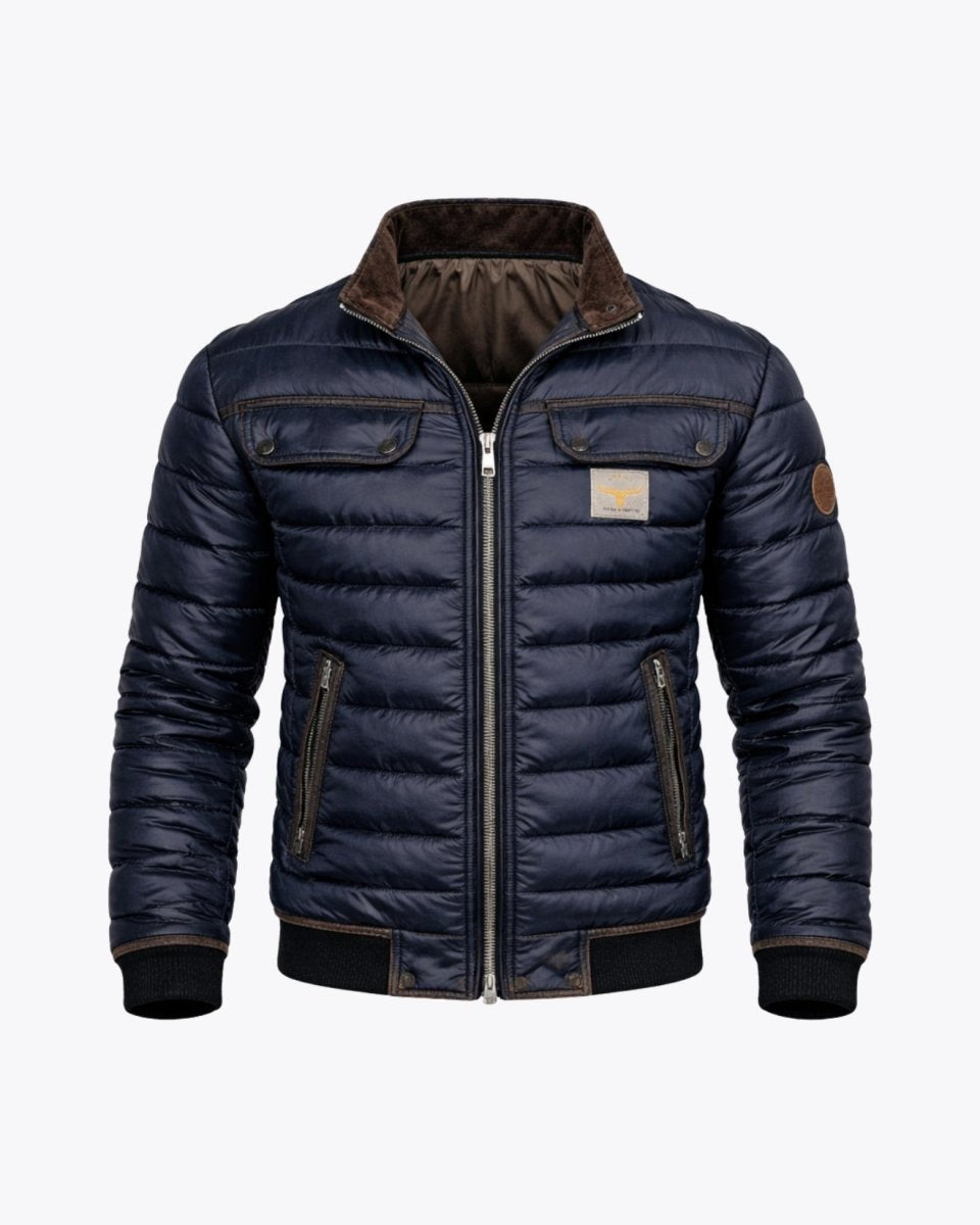Flat lay front view of the Fenlo Form men's navy blue padded jacket showing dual chest pockets and full metal zipper.