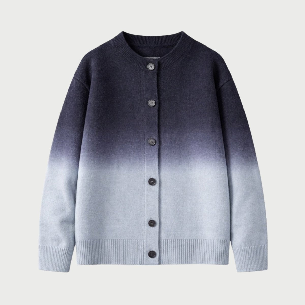 Front flat lay product shot of Kouvr men's crewneck ombre cardigan sweater in navy grey and icy blue knit.