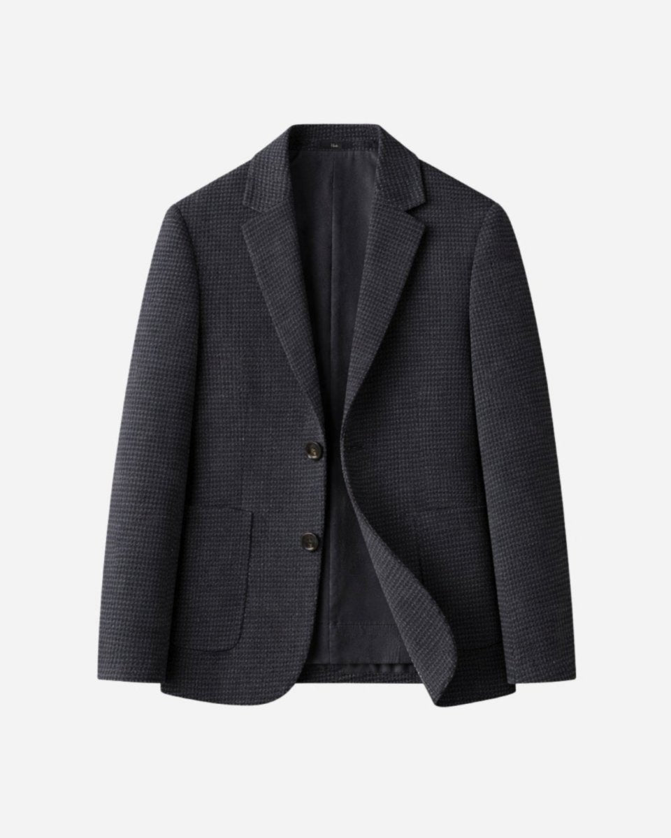 Flat lay front view of a men's plaid micro-textured blazer with notch lapel and patch pockets.