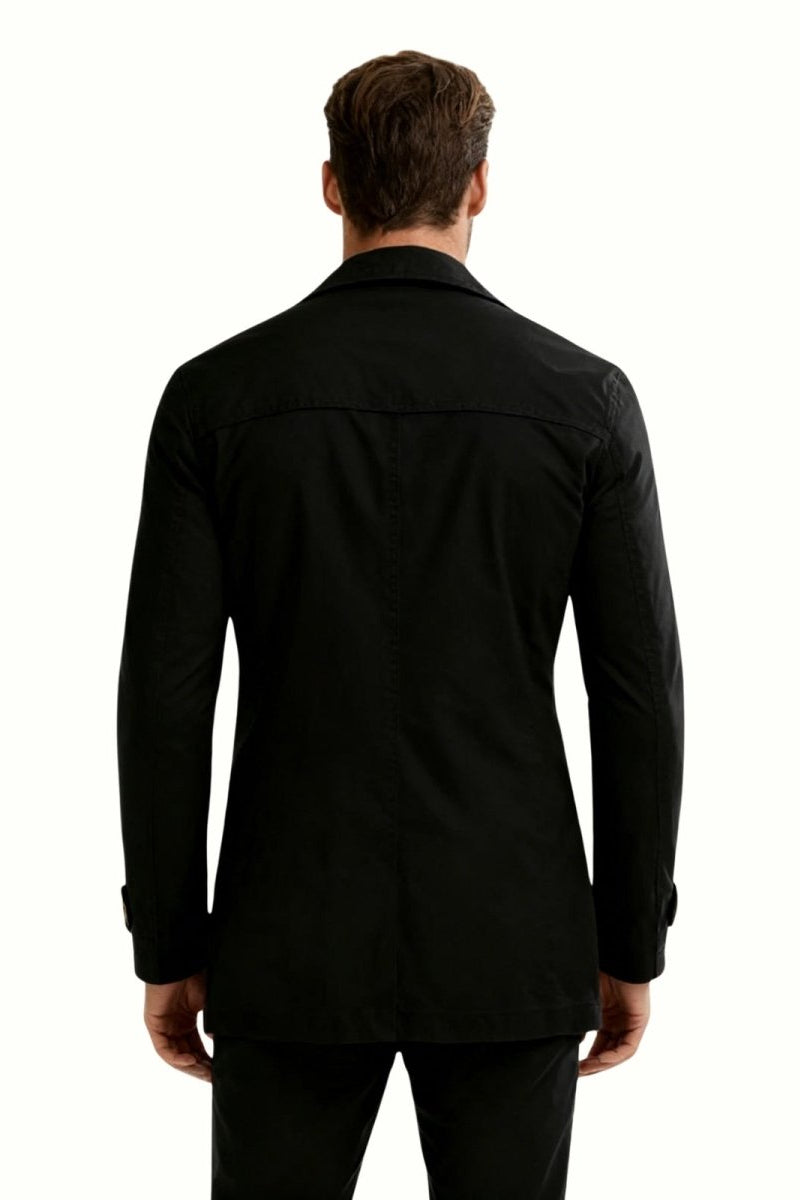 Back view of the  men's black pea coat showcasing its tailored silhouette and sleeve cuff 