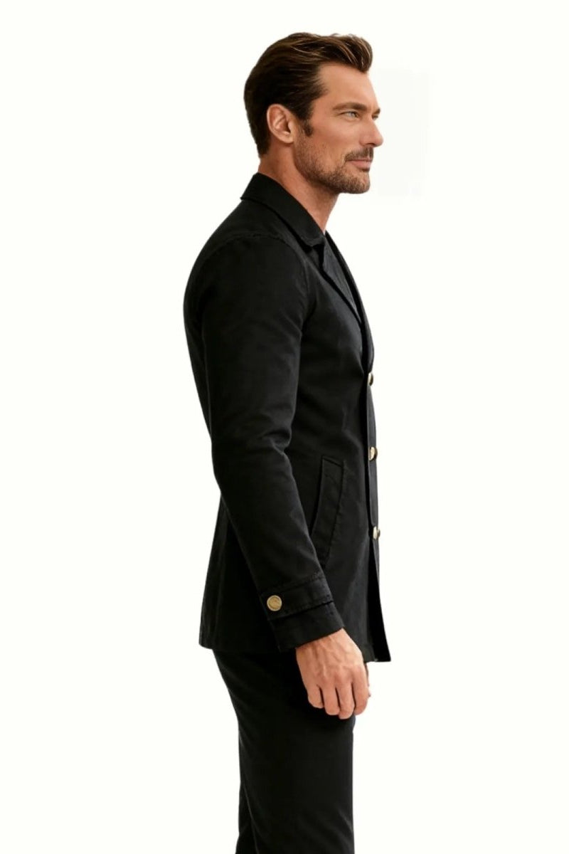 Side view of the Kouvr Fashion men's black pea coat showcasing its tailored silhouette and sleeve cuff button detail.