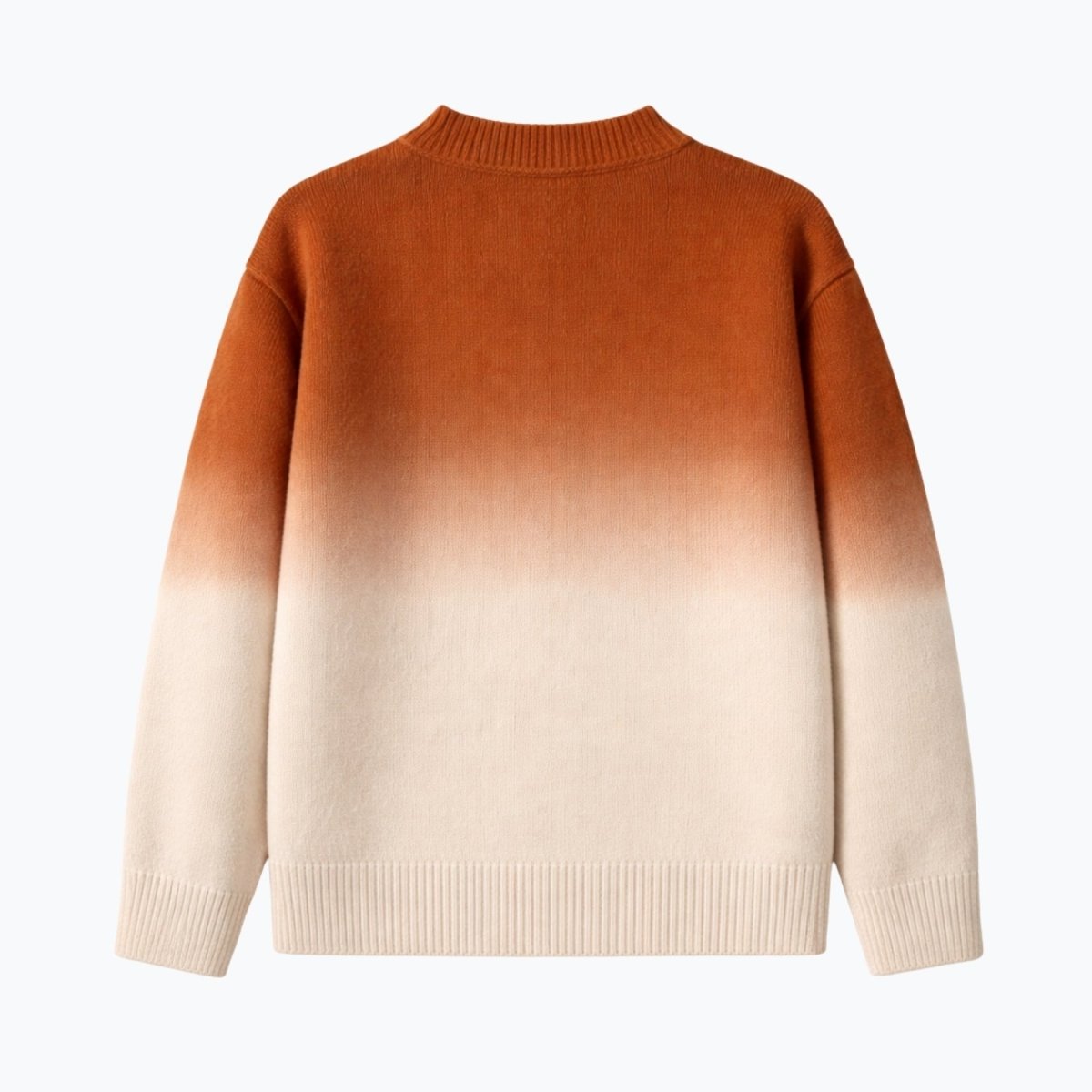 Back view studio shot of a men's gradient knit sweater in rust khaki and cream showing the seamless color fade.