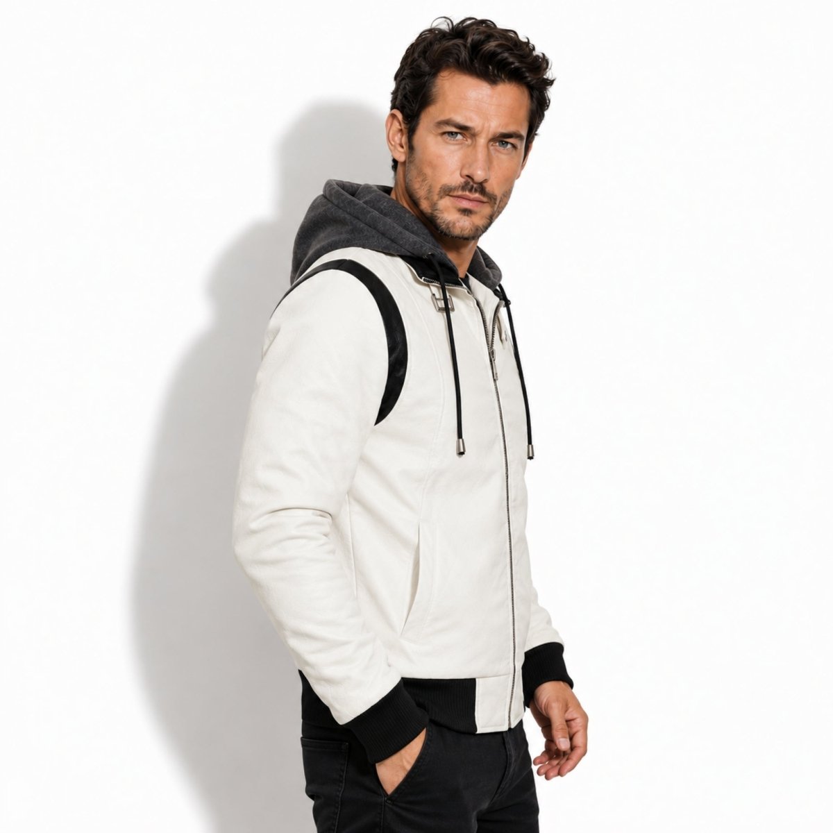 Side profile of a man wearing the Kouvr white hooded leather jacket highlighting the black shoulder blocking and quilted torso.