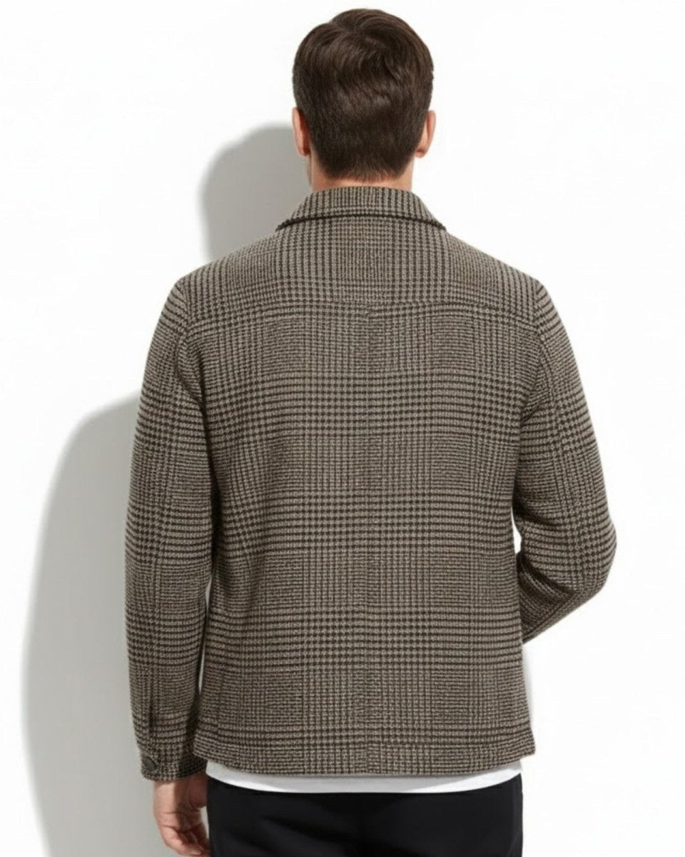 Rear view of the men's houndstooth jacket showcasing the pattern alignment and clean back construction.