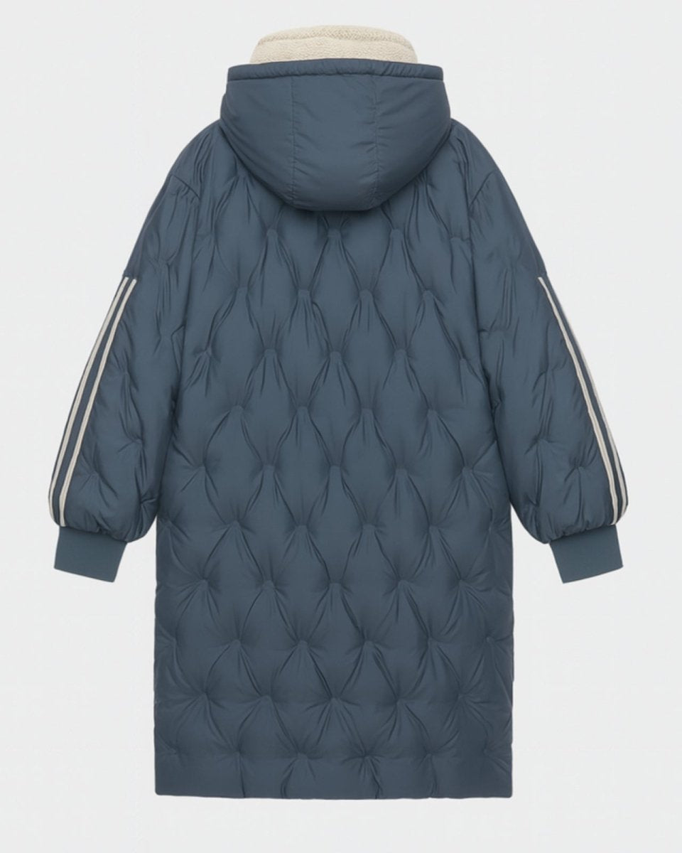 Product shot of the back of the  Meridian parka, detailing the full diamond-quilted pattern and hood construction.
