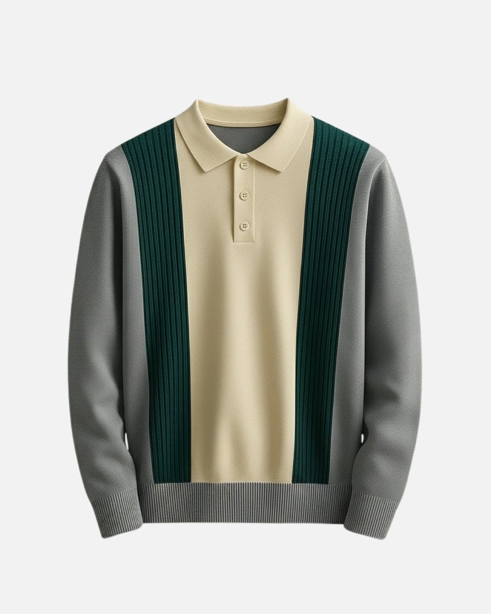 Flat lay product shot of the front of the grey leandro knit polo with three-button placket.
