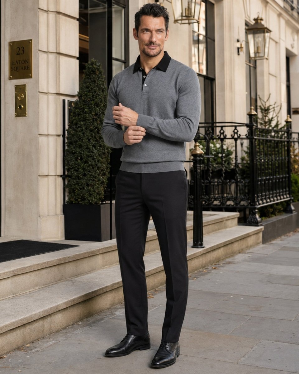 A man stands on a city sidewalk in front of a stone building entrance, wearing a gray long-sleeve polo sweater with black trim, black trousers, and black dress shoes.