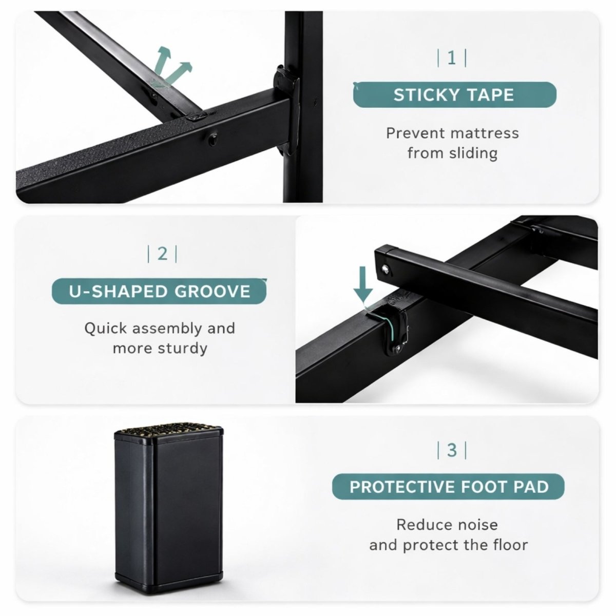  Feature callouts for the Fenlo Form bed frame, including sticky tape to prevent mattress sliding, a U-shaped groove for sturdy assembly, and protective foot pads.