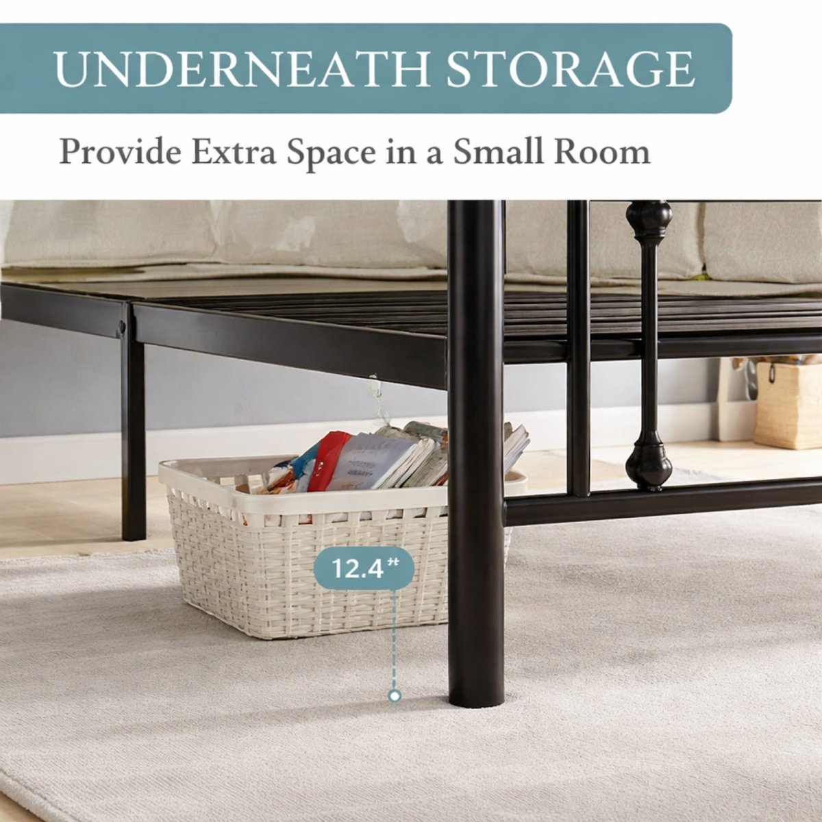 Close-up view of the 12.4-inch under-bed storage clearance on the Fenlo Form metal bed frame, with a storage basket placed underneath. 