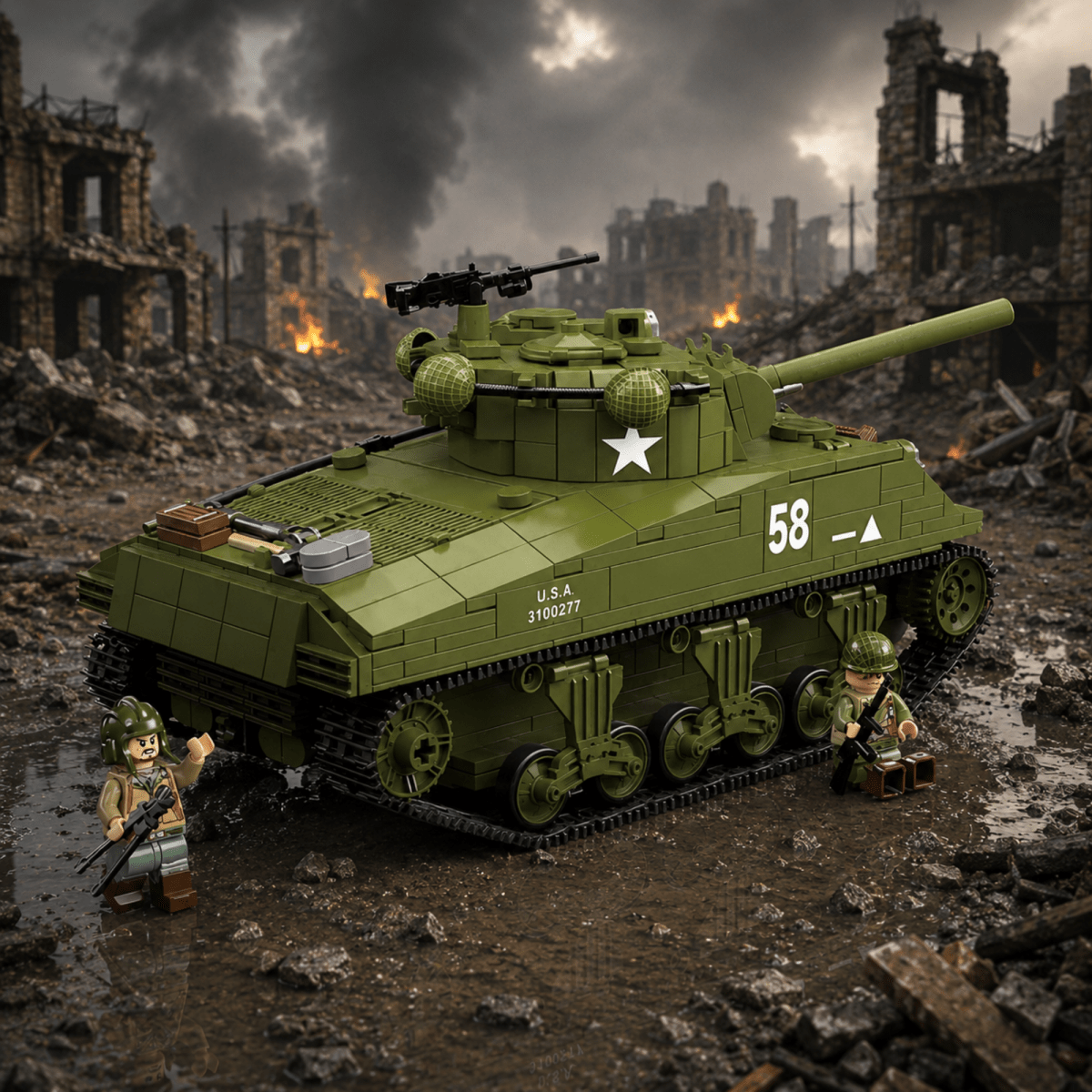 A green military tank building block set displayed in a war-torn city scene, with small soldier minifigures beside it. The tank has a star emblem and the number 58 on its side, with a long cannon, turret, and detailed tracks.