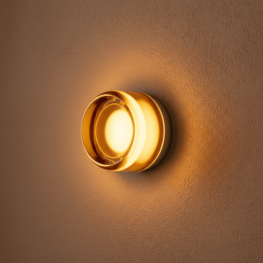 Round flush-mount glass wall light with a brushed metallic base, glowing with soft warm illumination against a plain grey background.