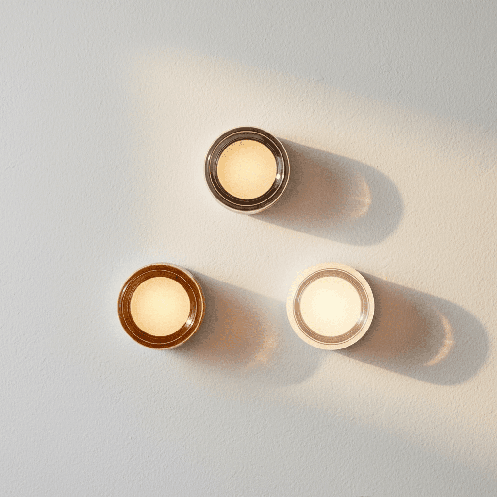Three circular glass wall sconces grouped together on a plaster wall, showcasing different metallic finishes and warm LED color temperatures.