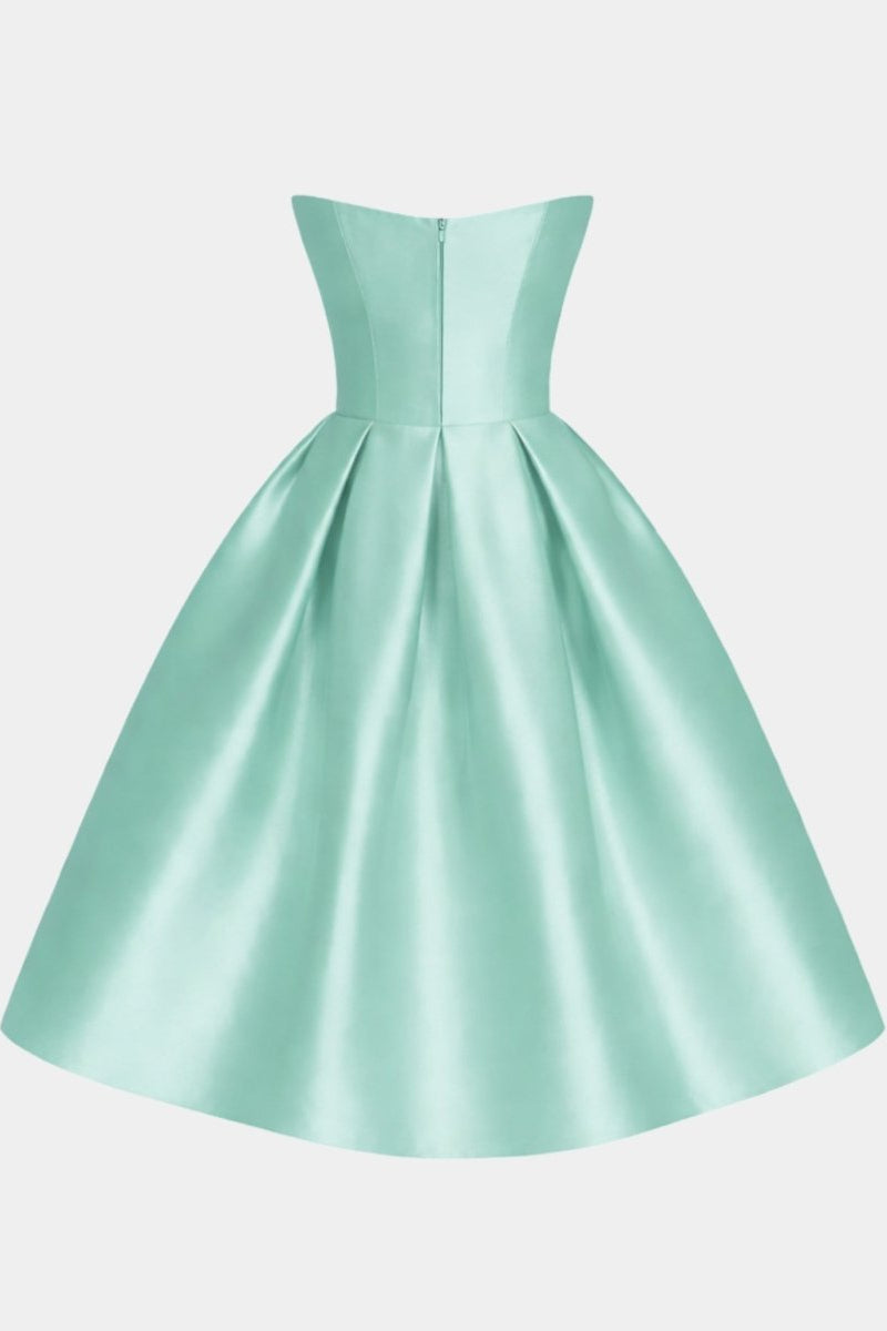 Flat lay back view of Fenlo Form mint green satin fit and flare strapless dress showing zipper closure