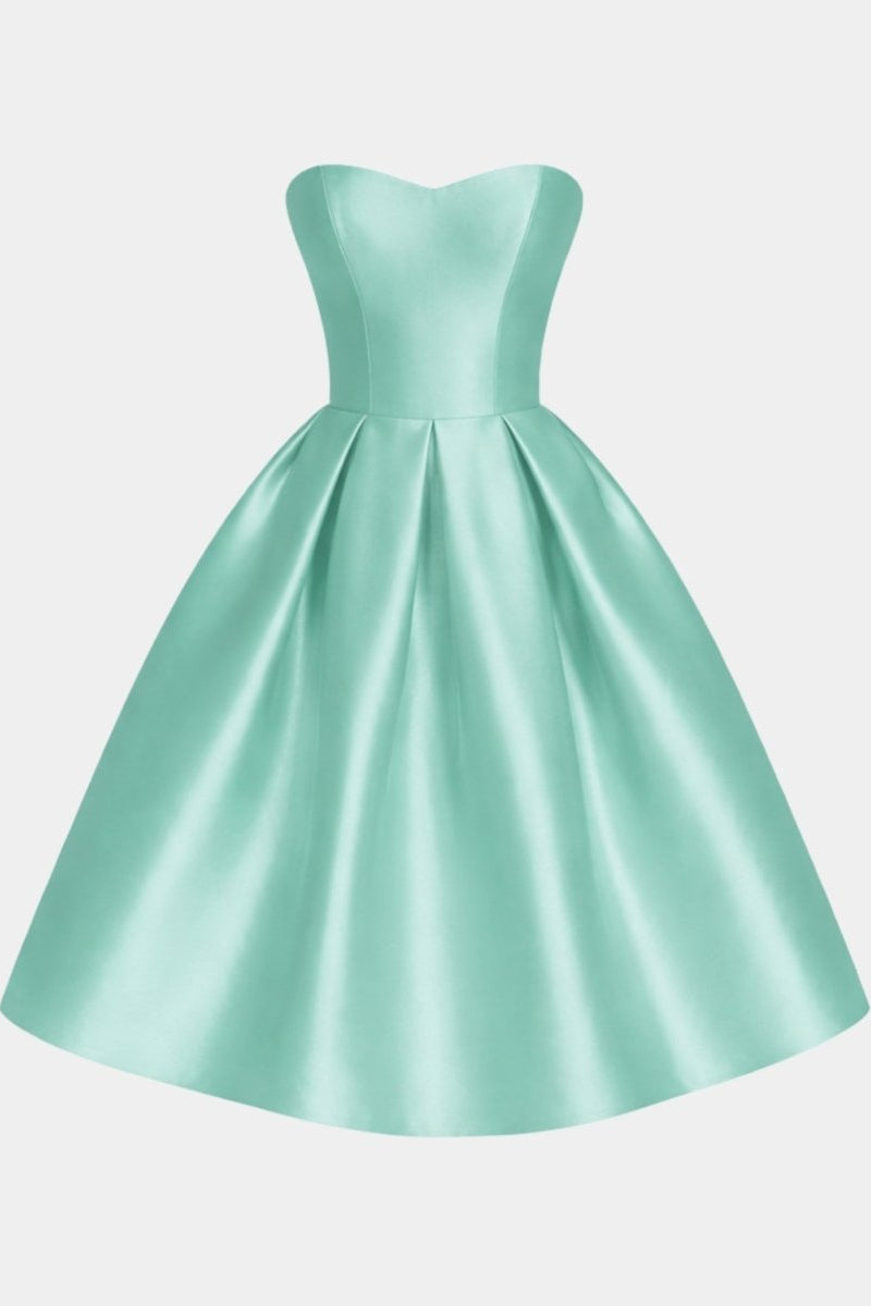 Flat lay front view of Fenlo Form mint green satin strapless sweetheart midi party dress