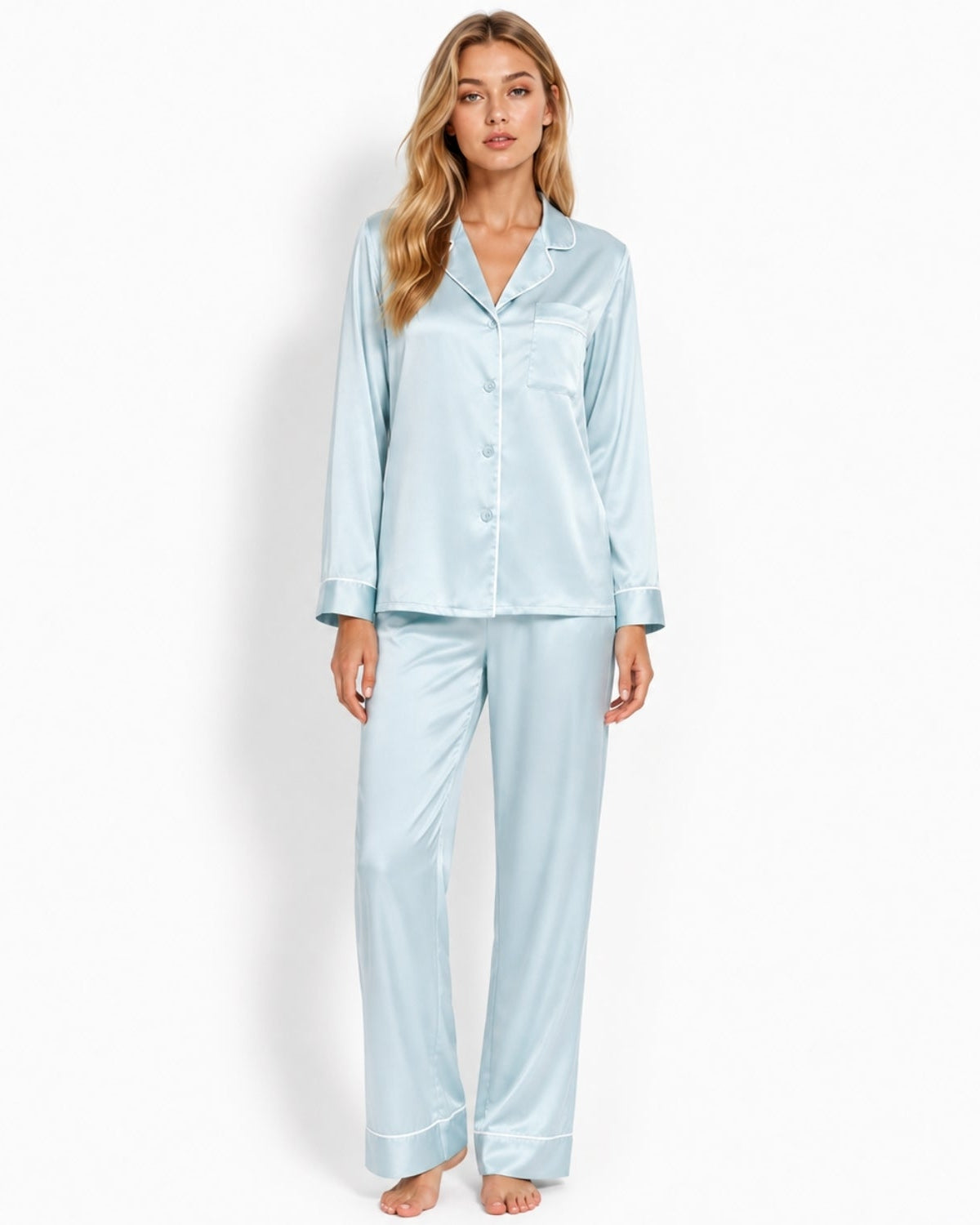 Studio shot of mint premium women's long sleeve loungewear pajamas with notch collar and chest pocket.