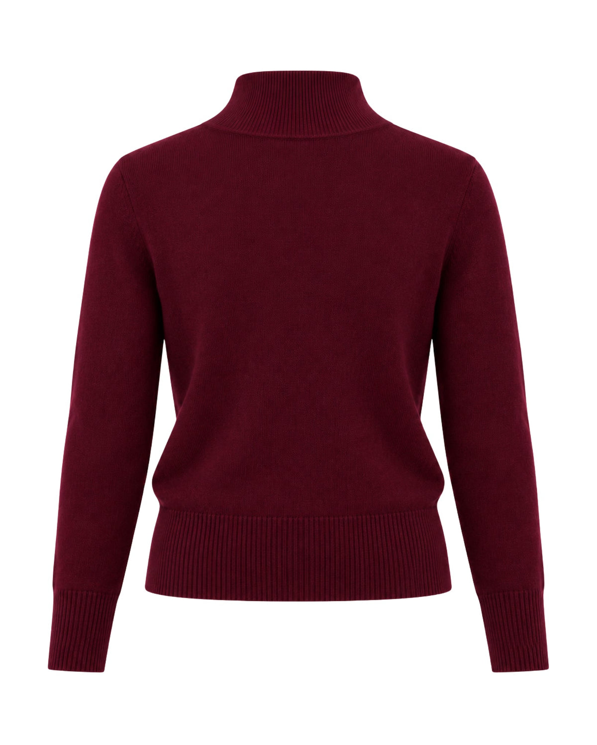 A dark burgundy knit mock neck sweater with long sleeves and ribbed cuffs and hem, shown on a plain white background.