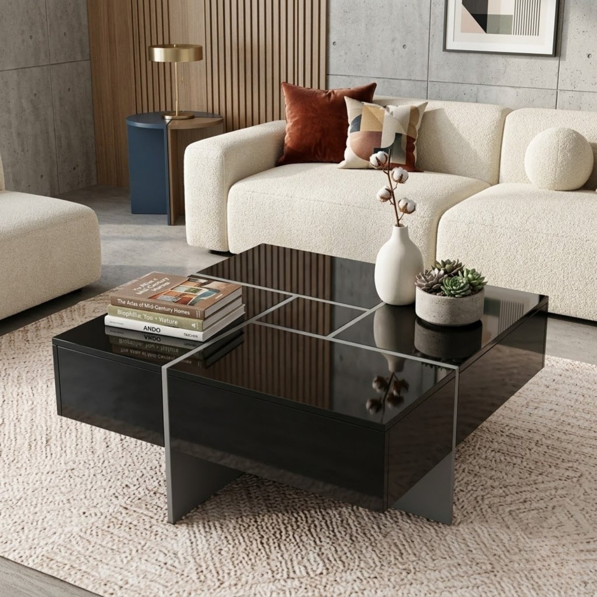 Sleek black modern square coffee table with hidden storage drawers shown fully closed in a contemporary living room setting.
