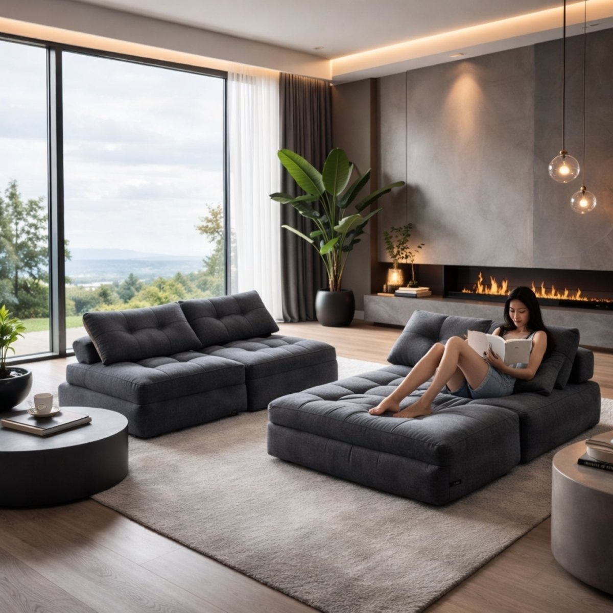 Two Kouvr convertible sofa sections paired together in a luxury minimalist living room with a woman reading by a fireplace.