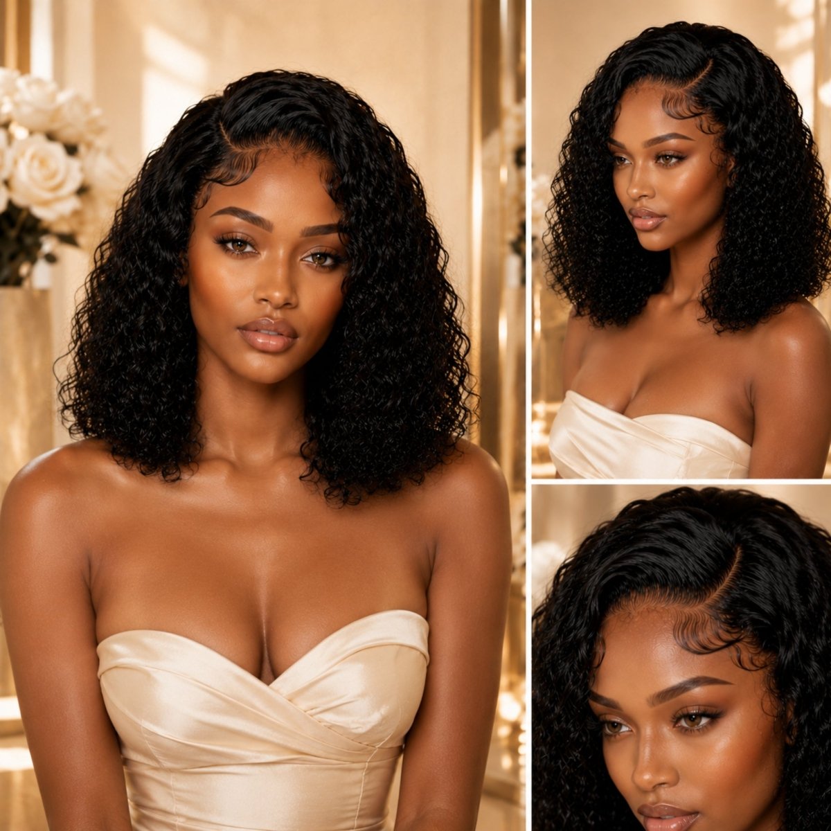 Multi-angle studio shots of a glamorous model wearing a 13x4 kinky curly bob wig made from premium Mongolian virgin human hair.