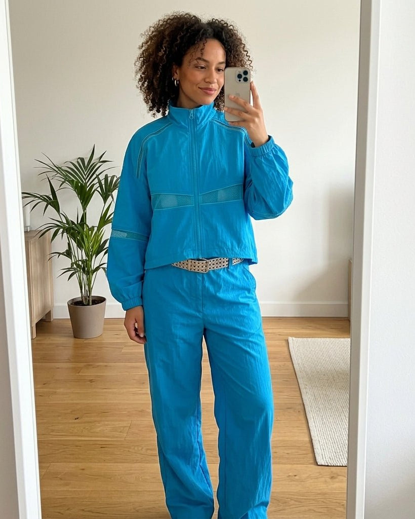 Woman taking a mirror selfie wearing the Kouvr bright blue zip-up track jacket paired with matching blue pants for an athleisure look.