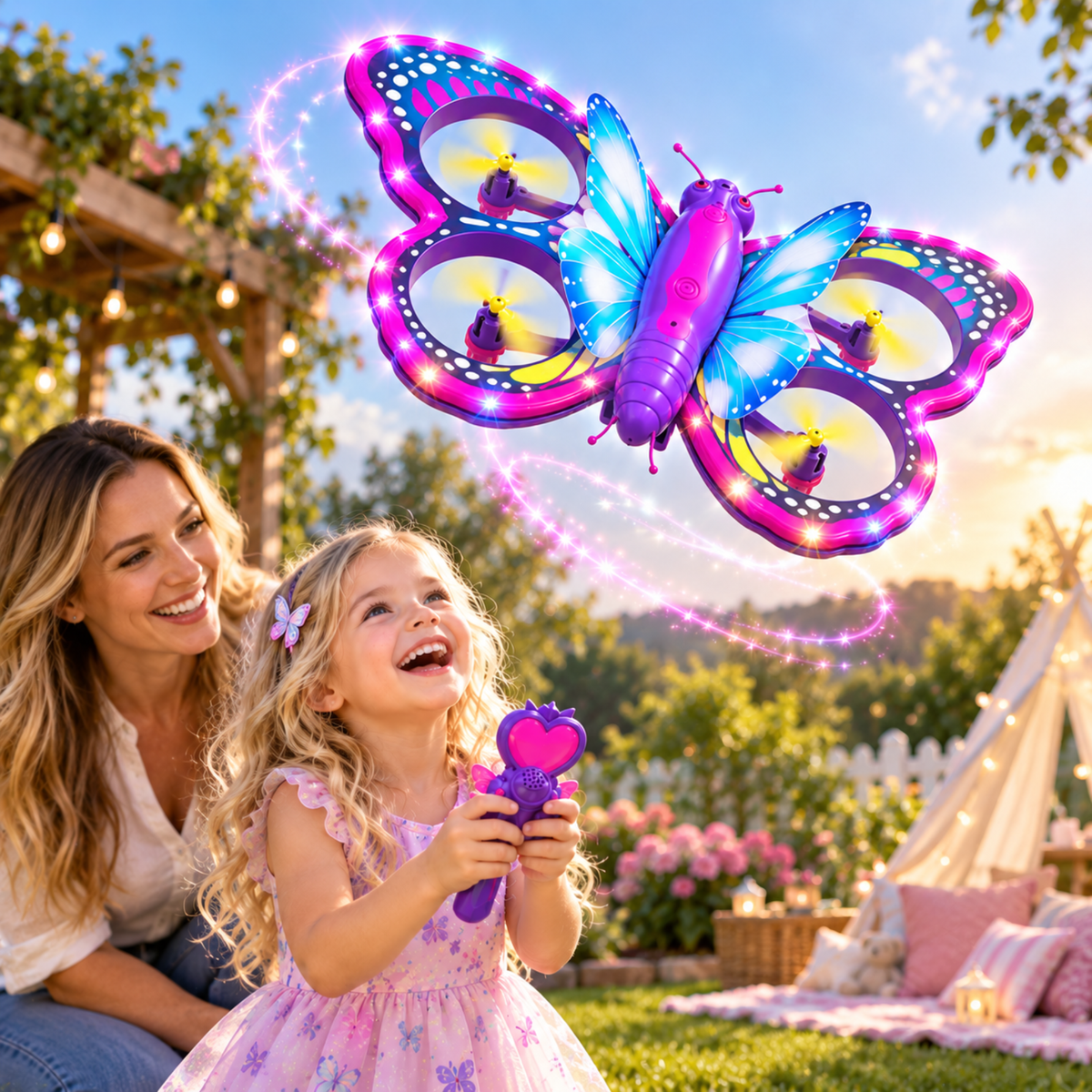 A woman and a young girl smile and laugh in a backyard while a large colorful butterfly-shaped toy hovers above them. The toy has glowing pink, purple, and blue LED details and is shown outdoors with a picnic blanket and garden decor in the background.
