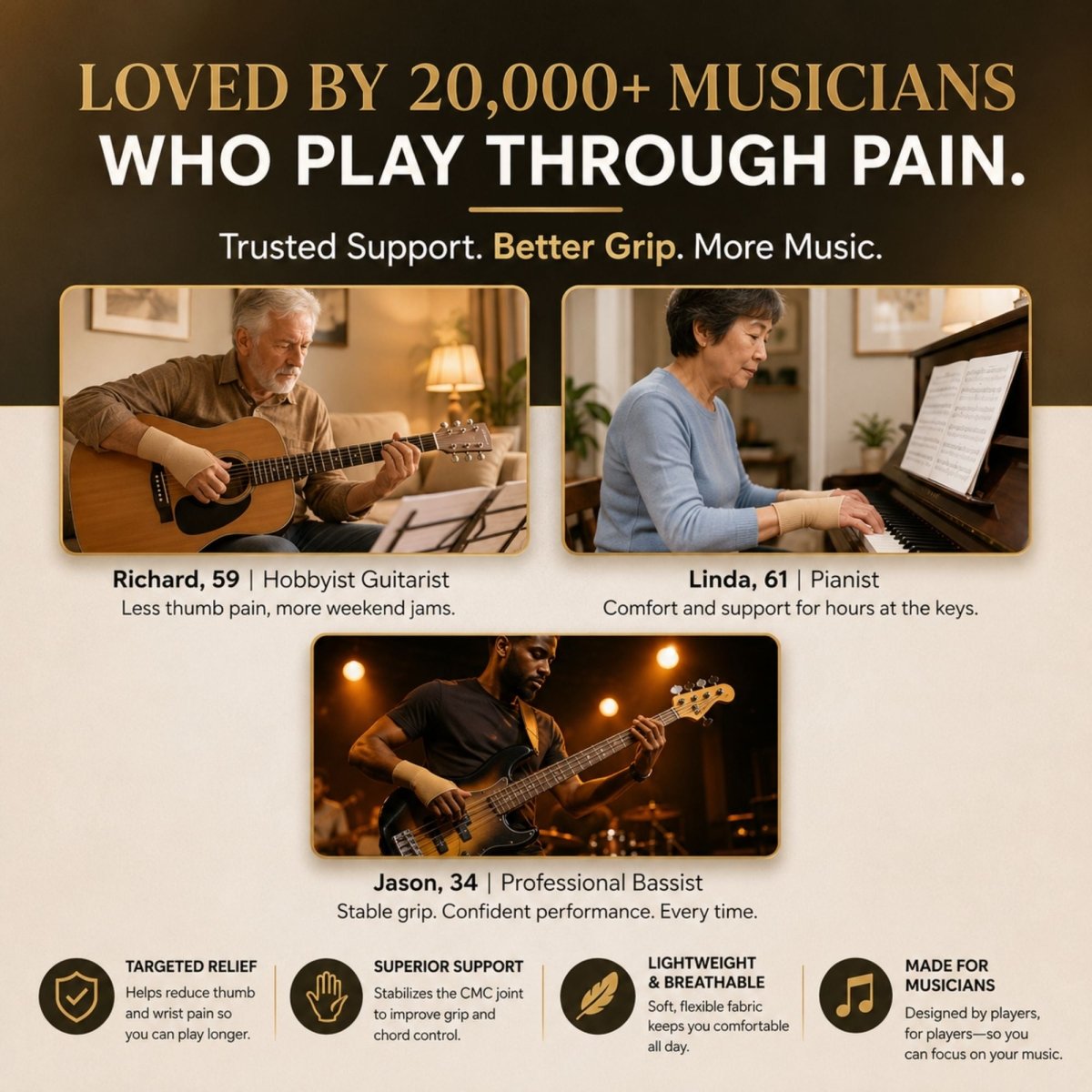 An infographic-style promotional graphic for a pain-relief massage or therapy product. The top text reads 'LOVED BY 20,000+ MUSICIANS WHO PLAY THROUGH PAIN.