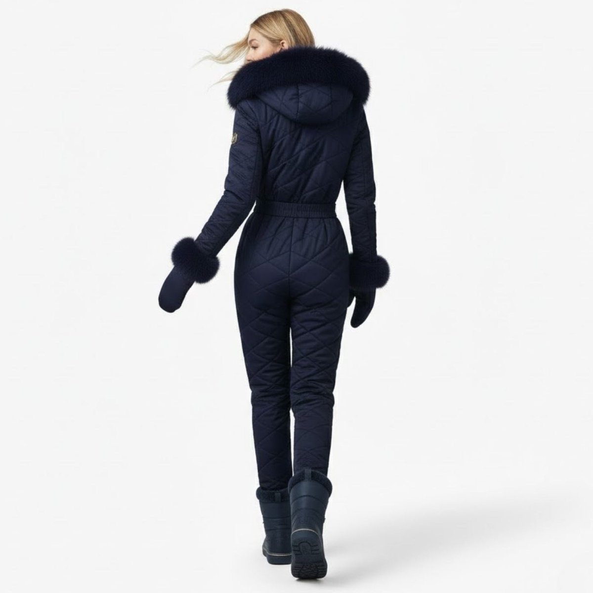 Back view of a woman in the navy blue quilted ski jumpsuit, showing the fit and hooded detail.