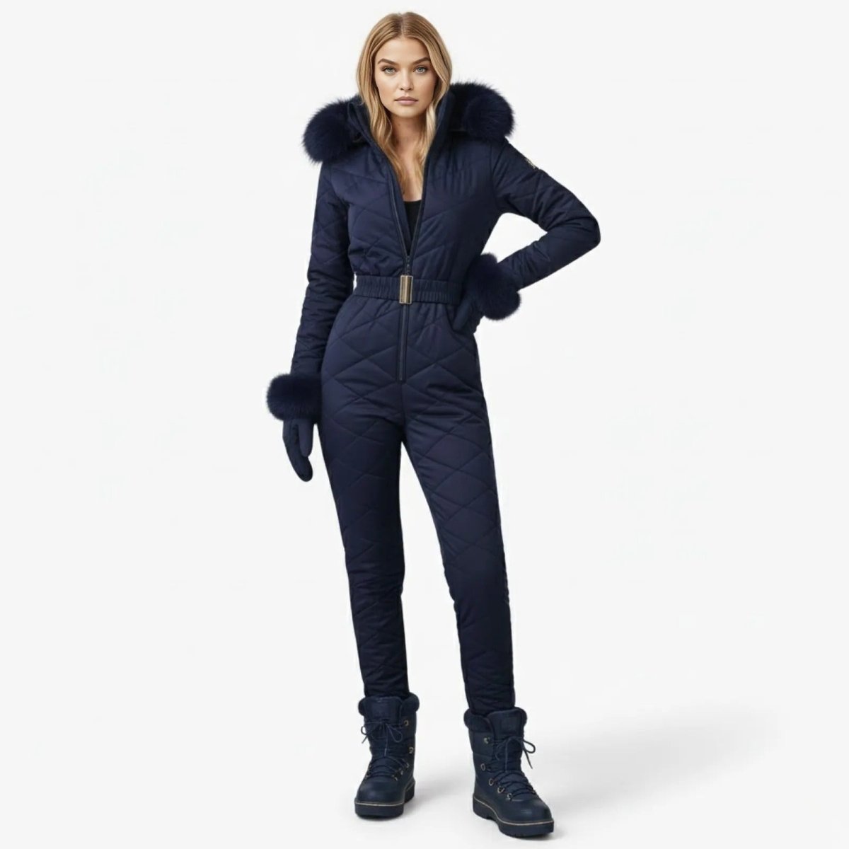 Woman wearing the navy blue quilted one-piece ski jumpsuit with a fur hood and matching gloves, posing front-on.