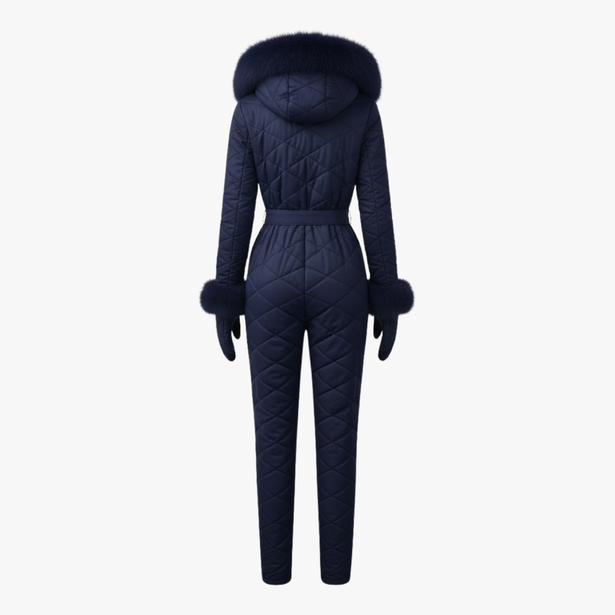 Back product shot of the navy blue quilted ski jumpsuit showcasing the diamond stitching and belted waist.