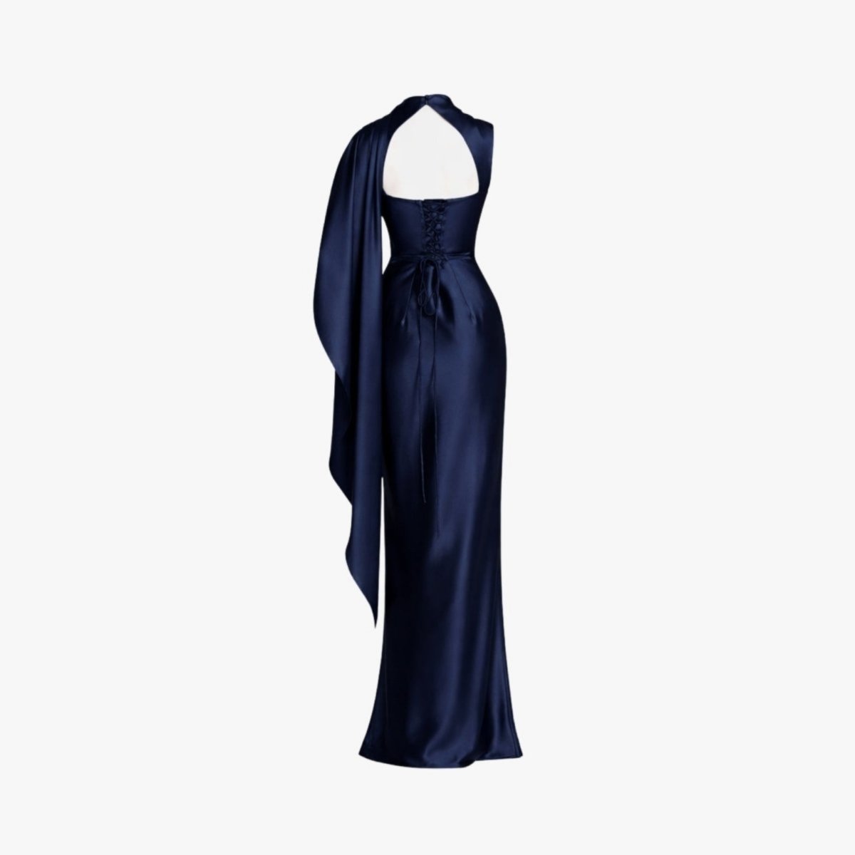 Ghost mannequin back view of the Kouvr navy blue satin formal maxi dress displaying the lace-up corset back detail and attached cape.

