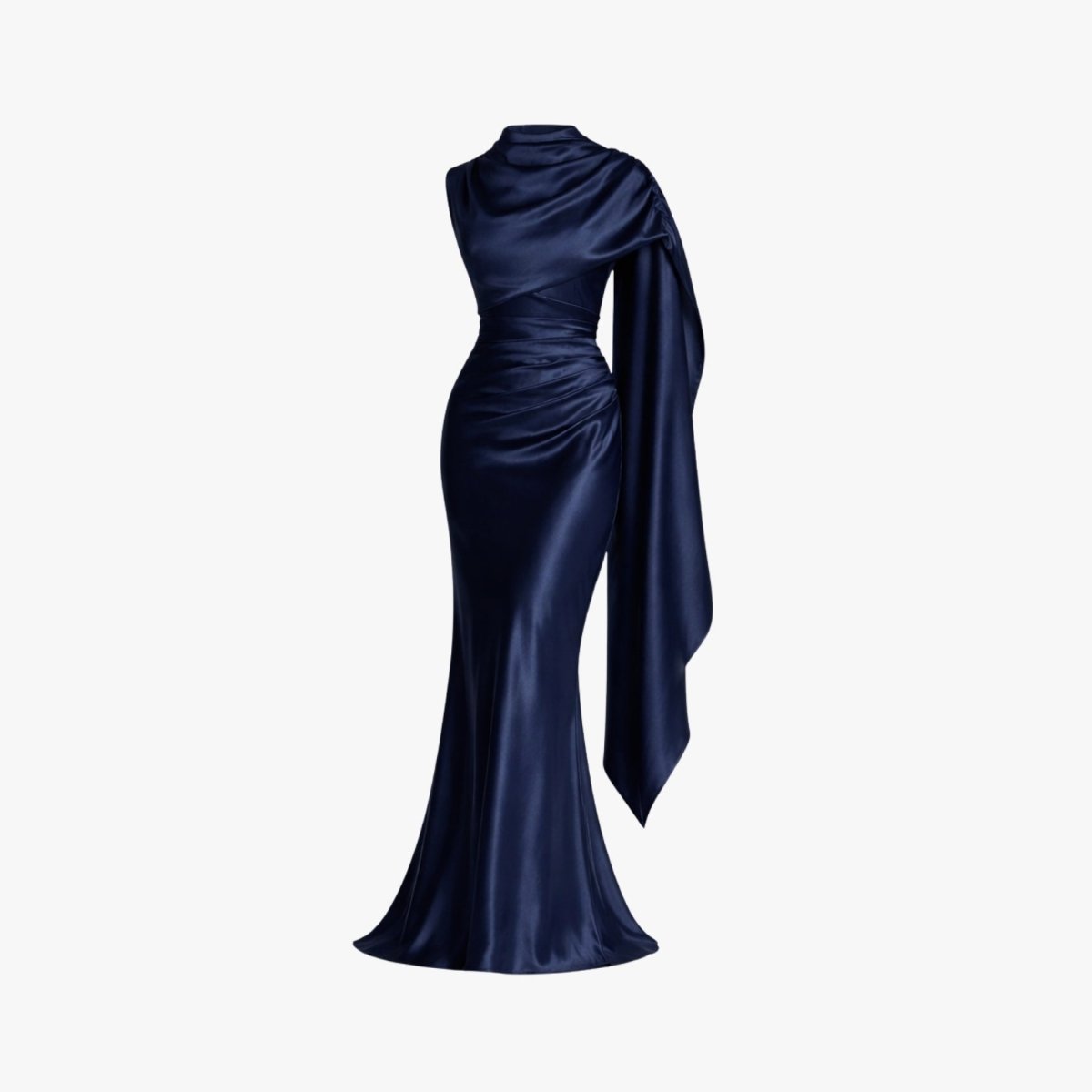 Front view of navy blue satin ruched maxi evening dress with shoulder cape detail on invisible mannequin.