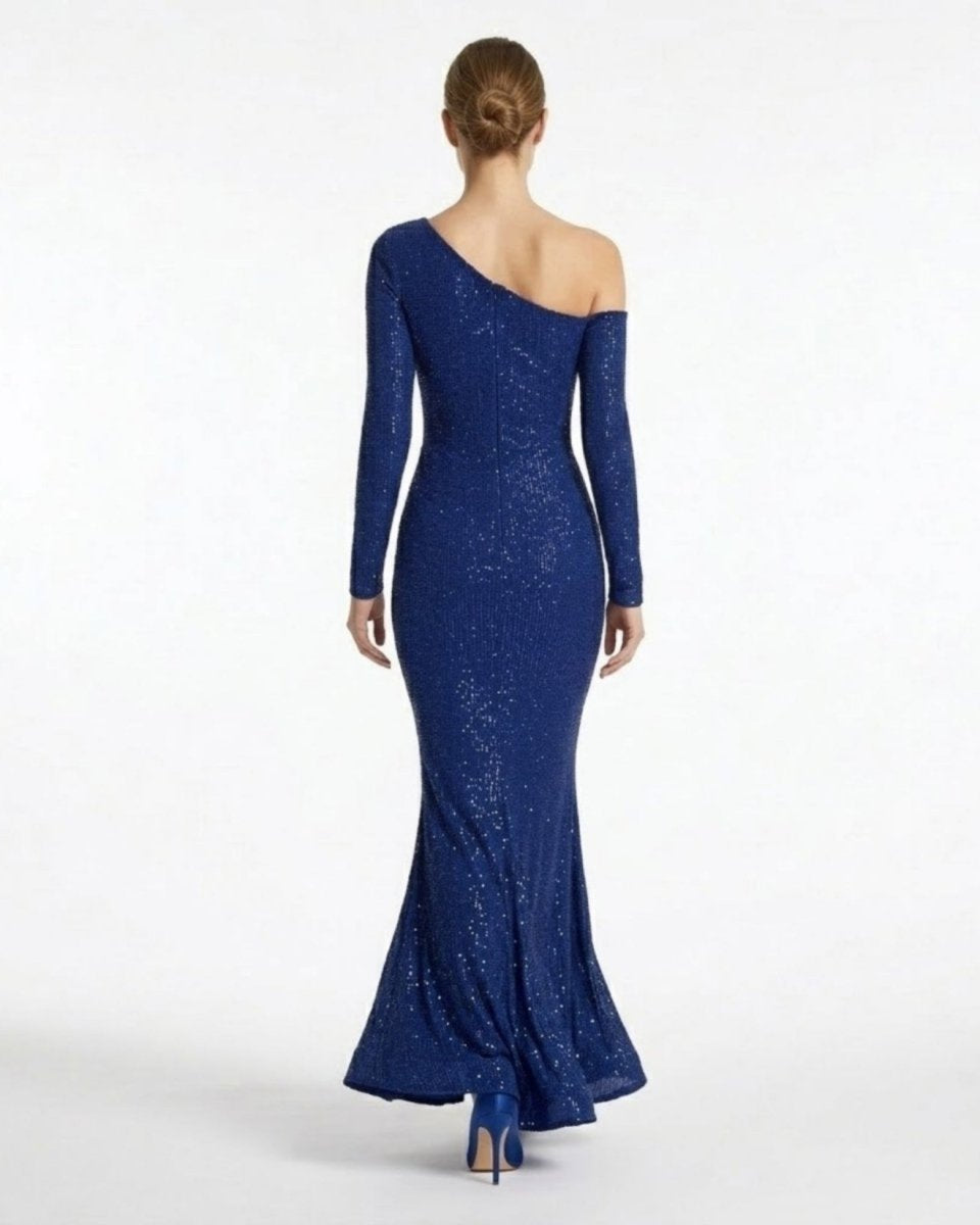 Back view of the Fenlo formal mermaid prom dress showing off-the-shoulder sleeve detail and floor-length hem.