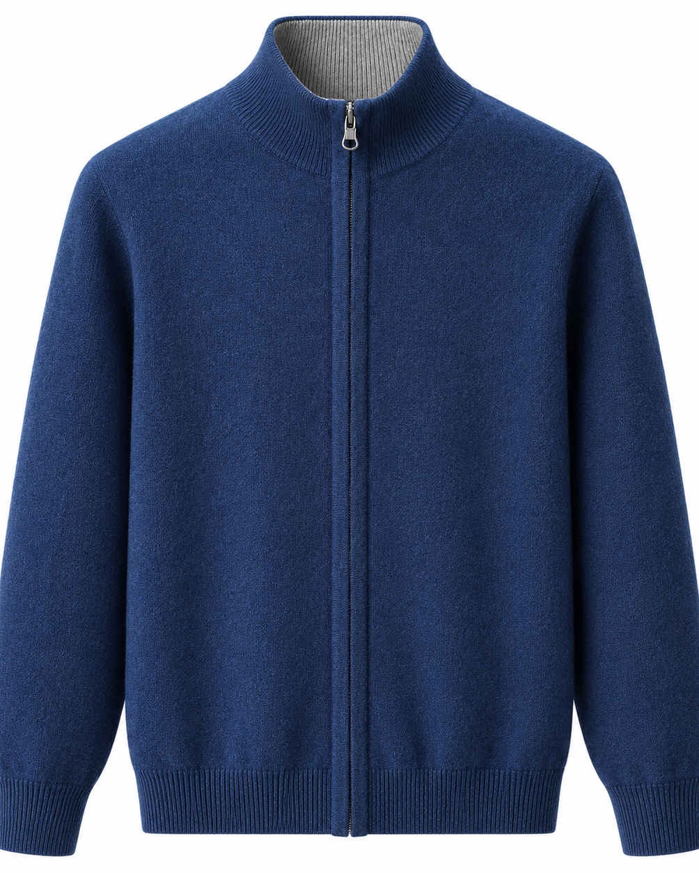 A men's navy blue knit zip-up sweater with a mock neck, ribbed cuffs, and a ribbed hem, shown against a plain white background.