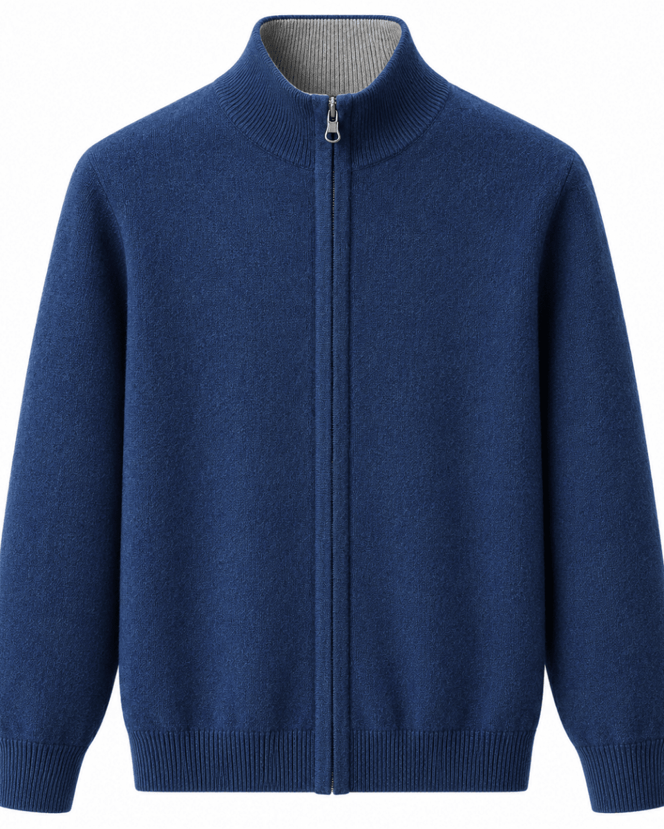 A men's navy blue knit zip-up sweater with a mock neck, ribbed cuffs, and a ribbed hem, shown against a plain white background.