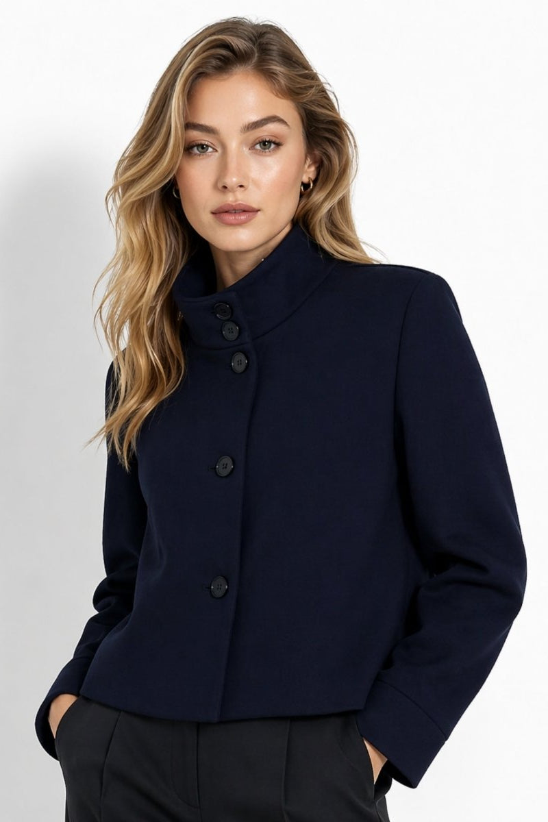 Navy cropped high neck jacket for women featuring button up front and wide cuffs by Fenlo Form.