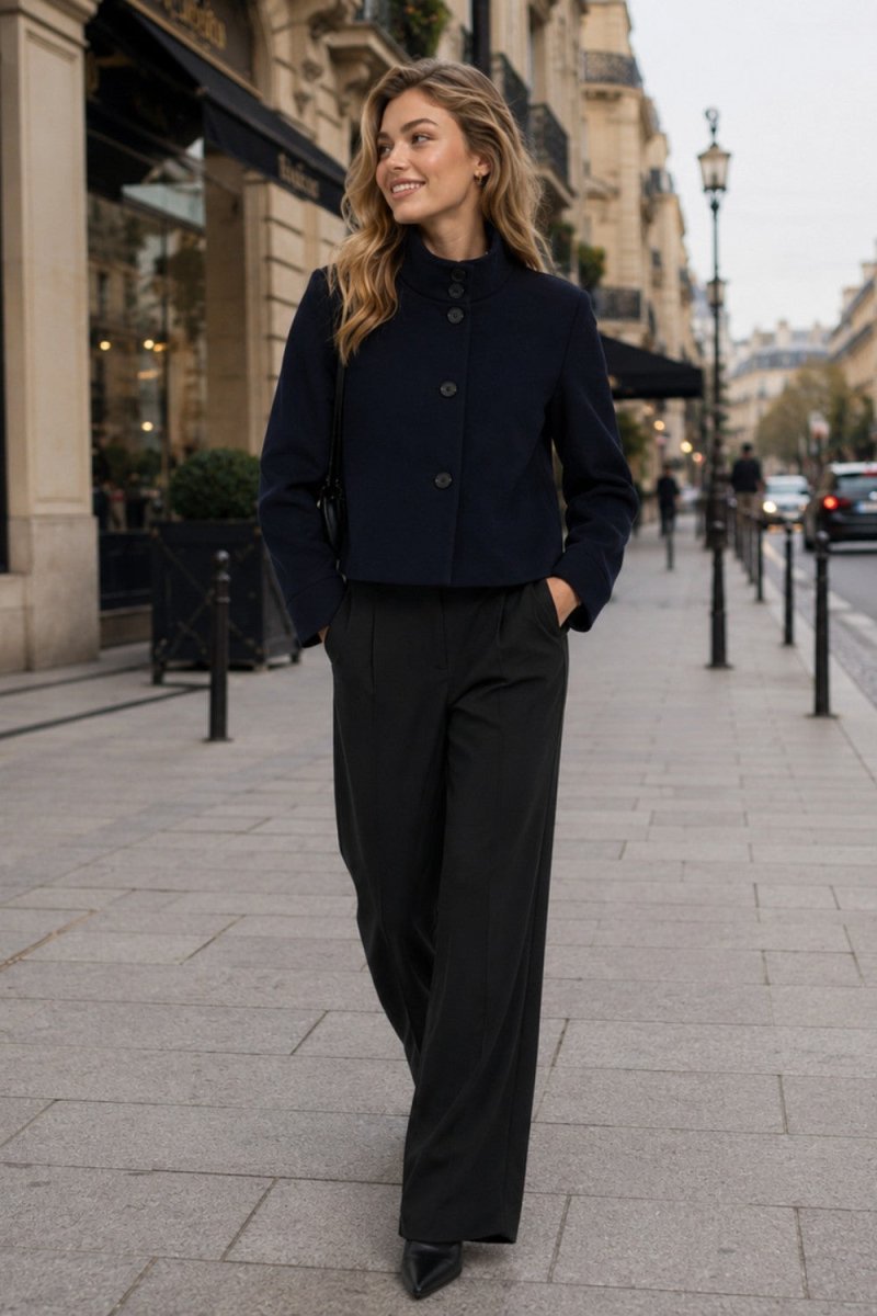A woman walking on a city sidewalk wearing a dark navy cropped jacket with buttons and black wide-leg trousers.