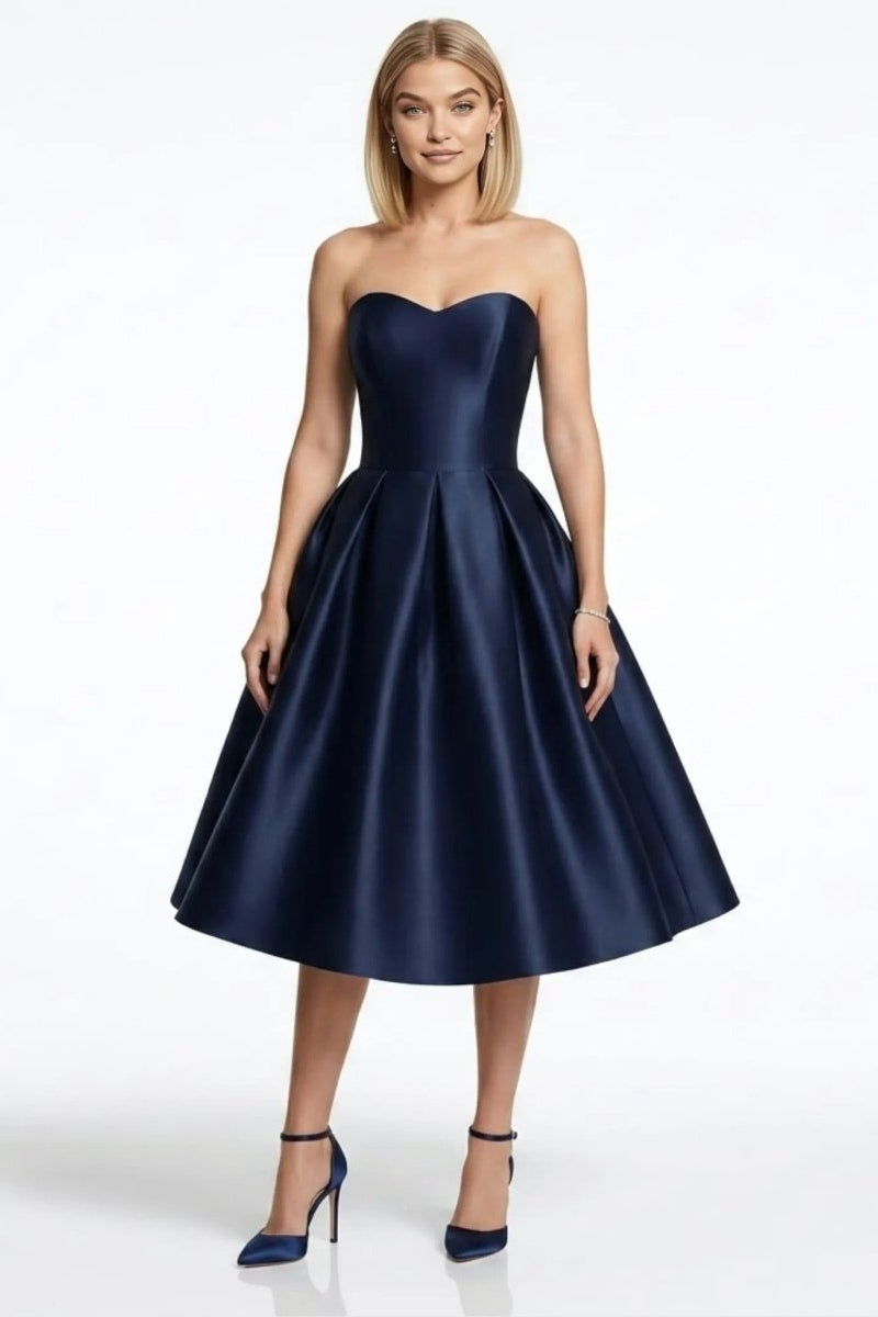 Elegant navy satin strapless midi dress with sweetheart neckline front view by Fenlo Form.