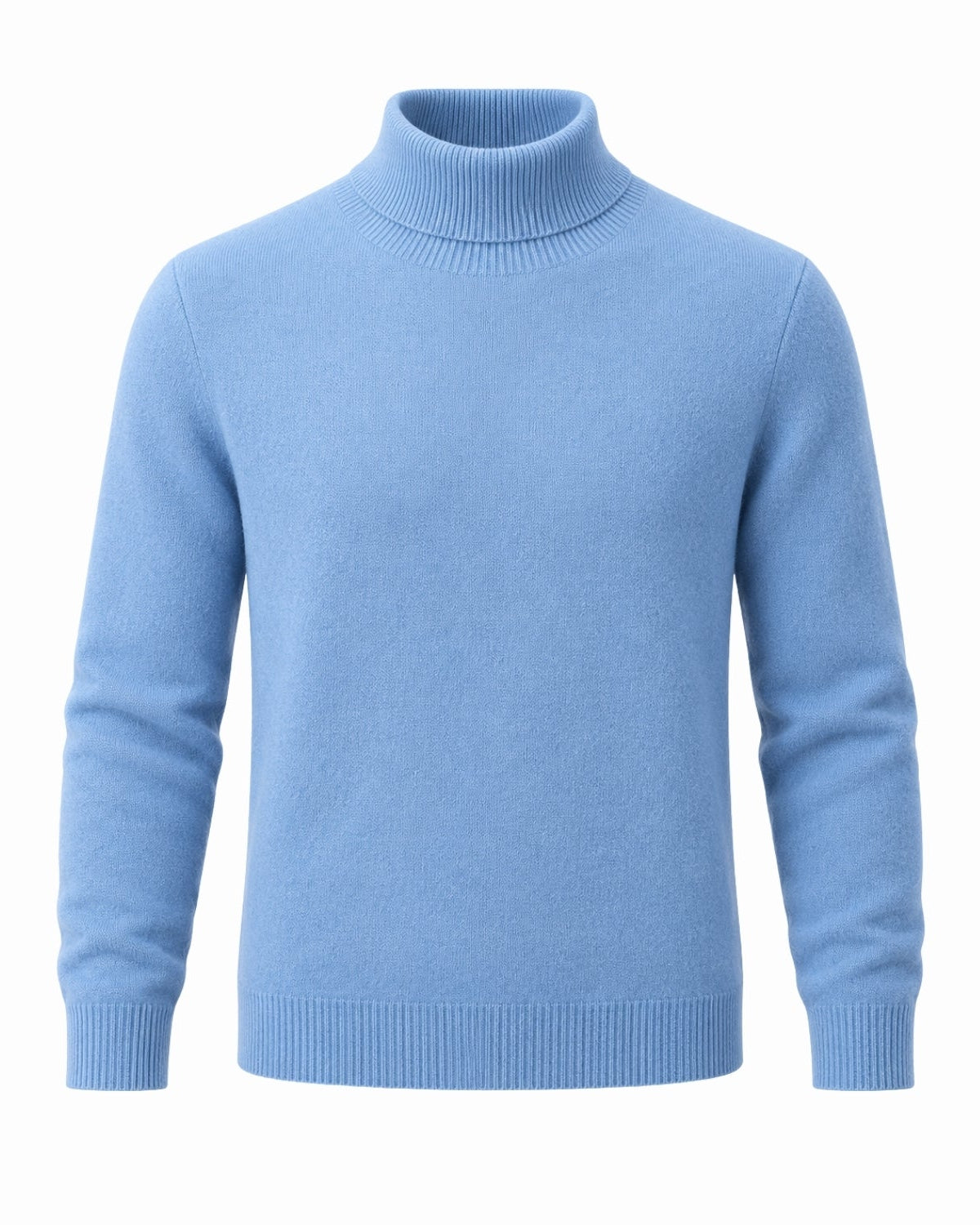 A light navy knit turtleneck sweater with long sleeves and ribbed collar, cuffs, and hem, shown on a plain white background.