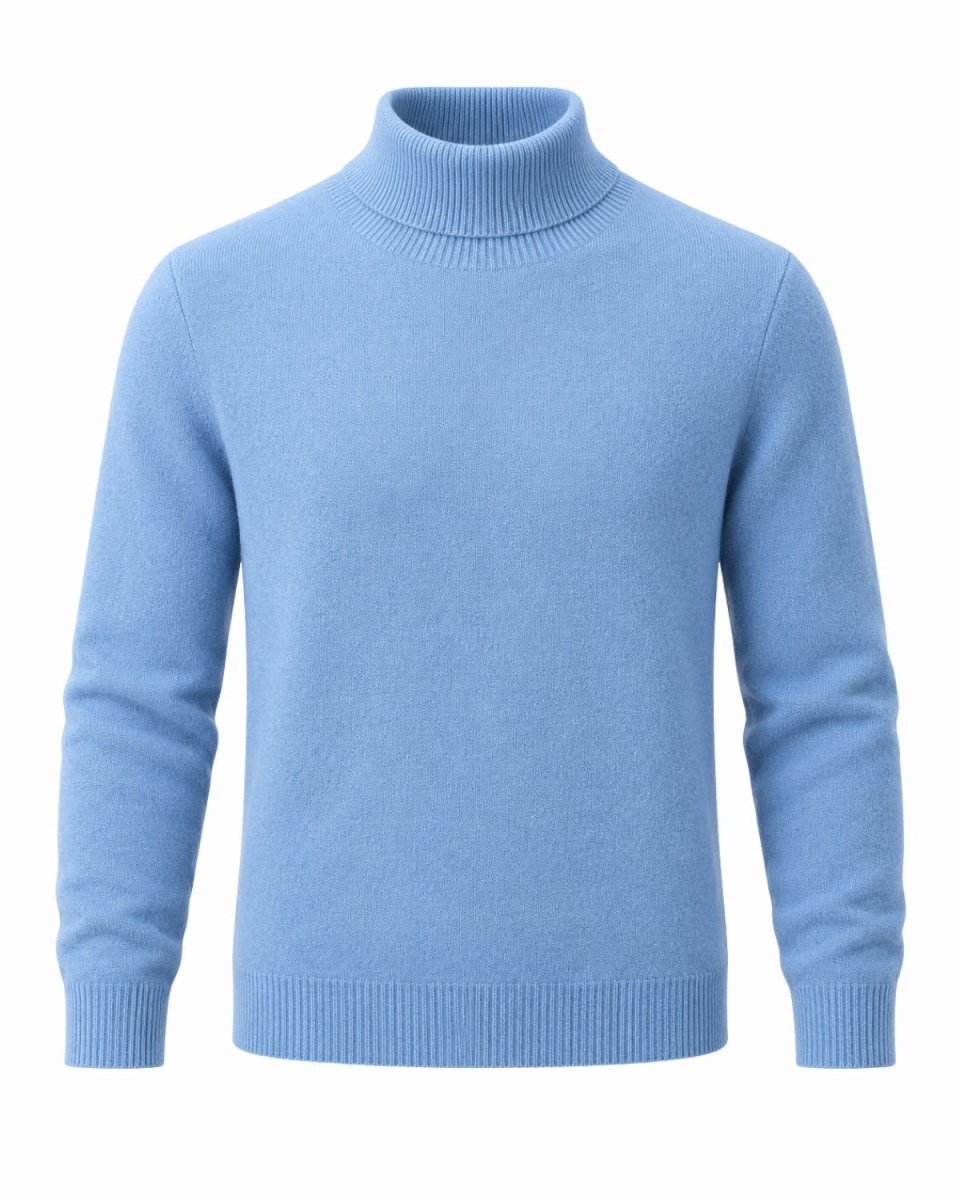 A light navy knit turtleneck sweater with long sleeves and ribbed collar, cuffs, and hem, shown on a plain white background.