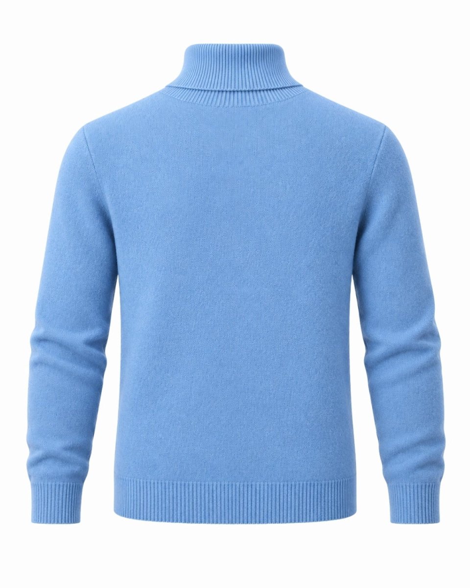 A light navy knit turtleneck sweater shown from the back, featuring a ribbed collar, cuffs, and hem, set against a plain white background.