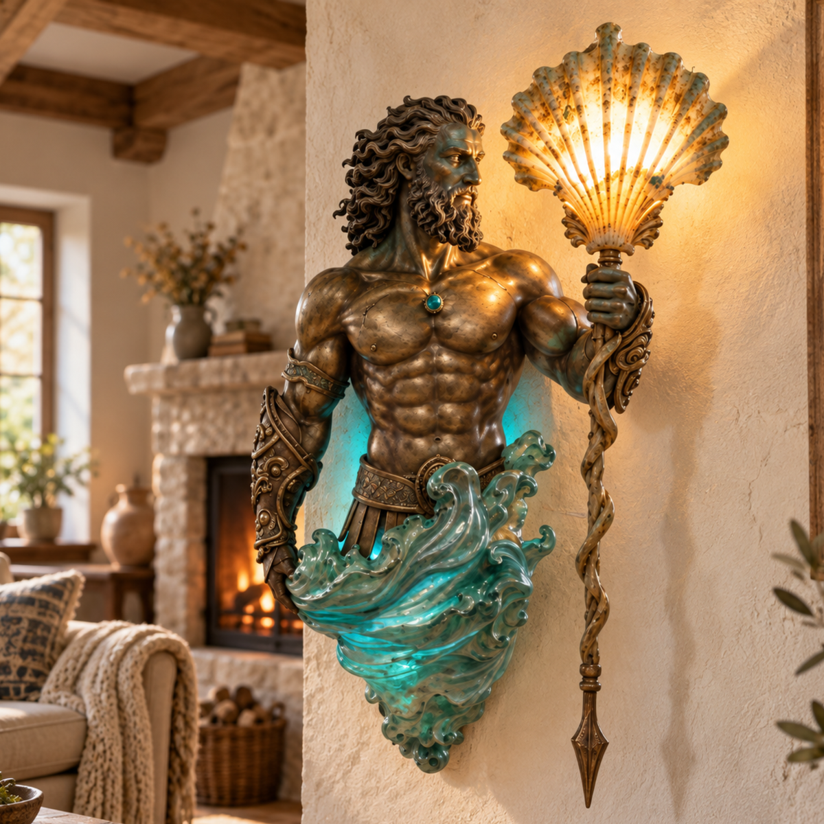 Detailed view of a bronze Neptune wall lamp featuring translucent blue waves and a glowing shell lantern, installed on a stone patio wall.