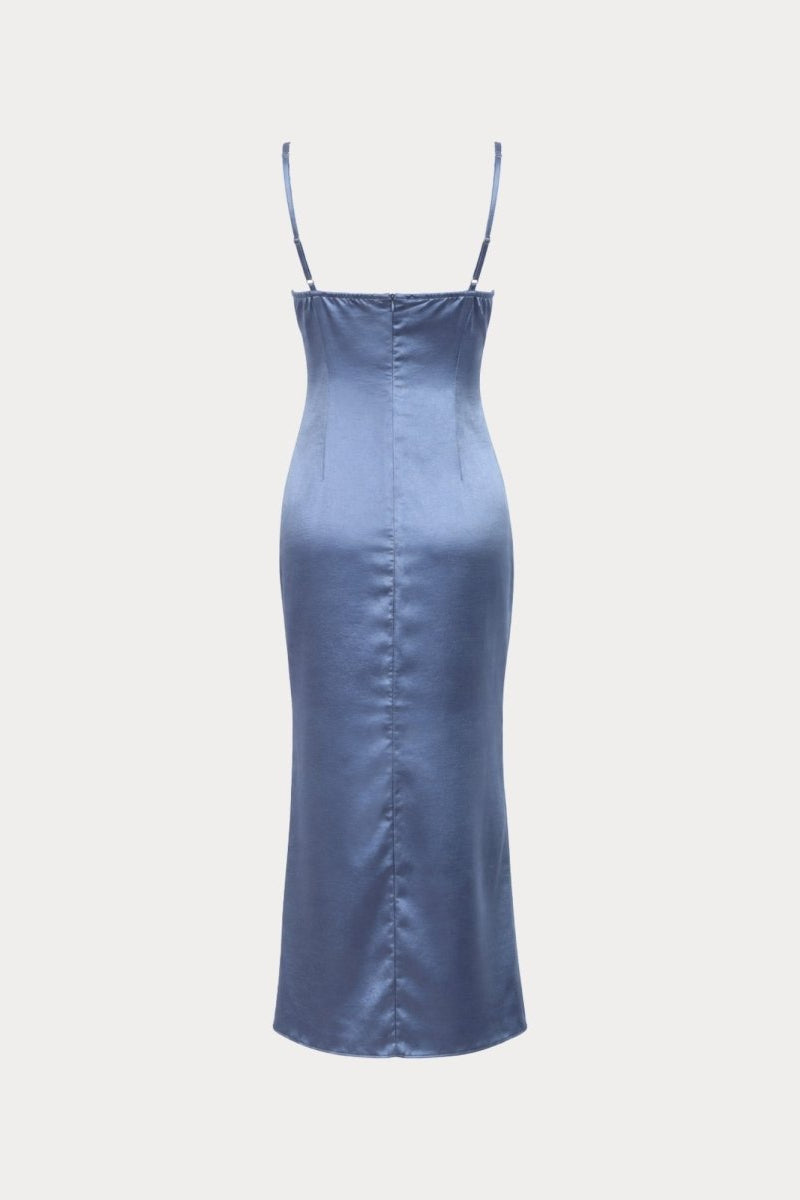 Isolated back product view of long blue satin formal slip dress highlighting contouring seam details.