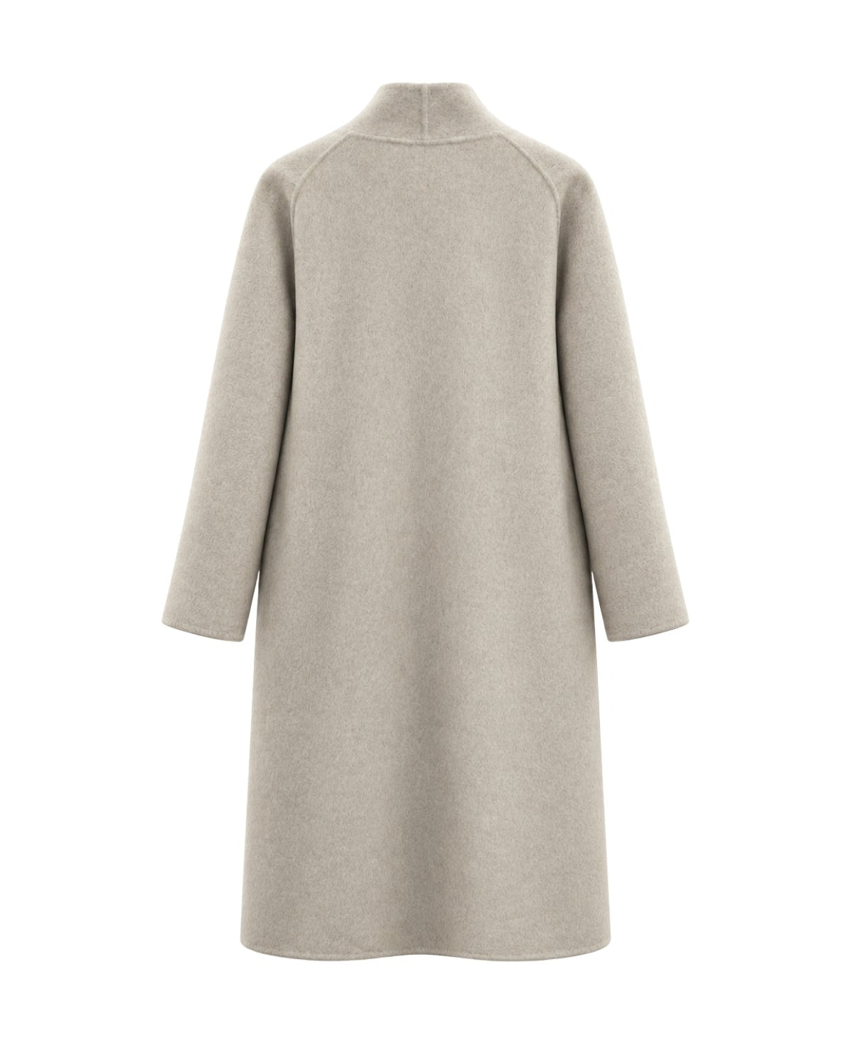A wool coat with a mock neck and long sleeves, shown from the back on a plain white background.