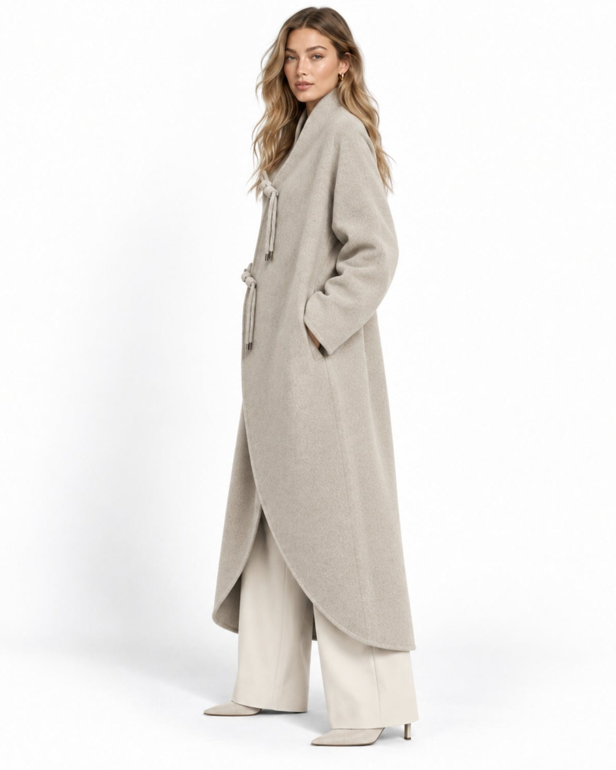 A woman modeling a long, wrap-style coat with a tie belt, paired with wide-leg cream trousers and beige pointed shoes, set against a plain white studio background.