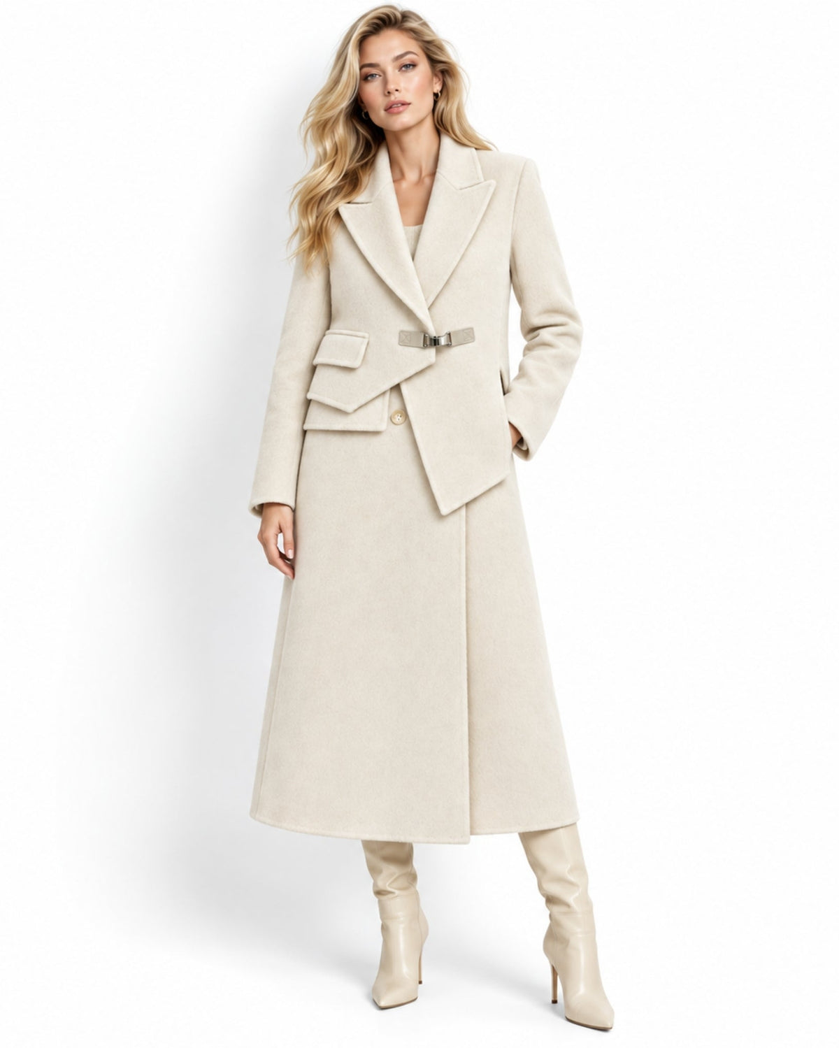 Woman wearing long wool maxi coat with asymmetrical metal buckle closure looking forward