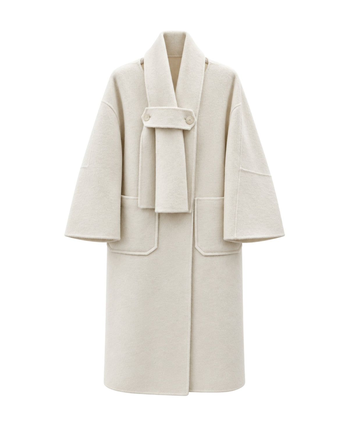 A long, wide-sleeved cream-colored coat with a shawl collar, a matching tie belt at the chest, and large front patch pockets, shown against a plain white background.
